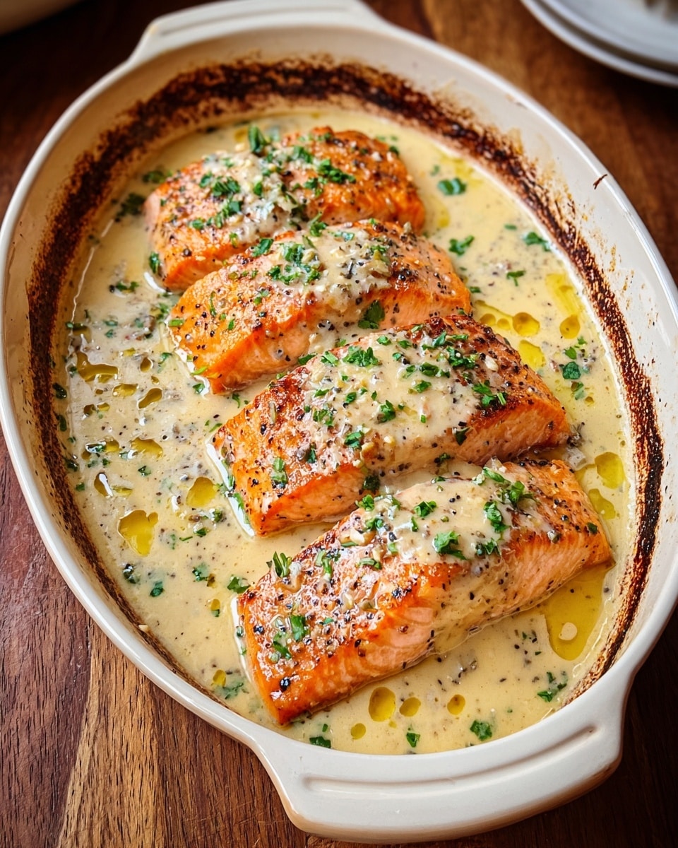 A thick fillet of salmon is cooked and placed in a white ceramic baking dish, covered with a creamy light beige sauce speckled with black pepper and mustard seeds. The salmon's surface is charred with a golden orange color and some dark grill marks visible, while fresh green parsley is sprinkled over the sauce. The sauce pools around the fish, showing a slight oily shine, and the edges of the baking dish have some browned sauce residue. The dish sits on a wooden surface with a blurred second plate in the background. photo taken with an iphone --ar 4:5 --v 7