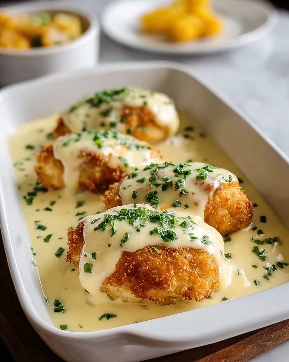 The image shows four golden brown breaded chicken thighs arranged evenly in a white rectangular dish. Each piece of chicken is covered with a thick layer of creamy white cheese sauce that looks smooth and slightly glossy. The sauce pools around the base of the chicken inside the dish. Small chopped green herbs are sprinkled generously on top of the cheese sauce, adding a fresh touch of color. The white rectangular dish sits on a white marbled surface, and in the background, there is a blurred plate with small pieces of yellow food. photo taken with an iphone --ar 4:5 --v 7