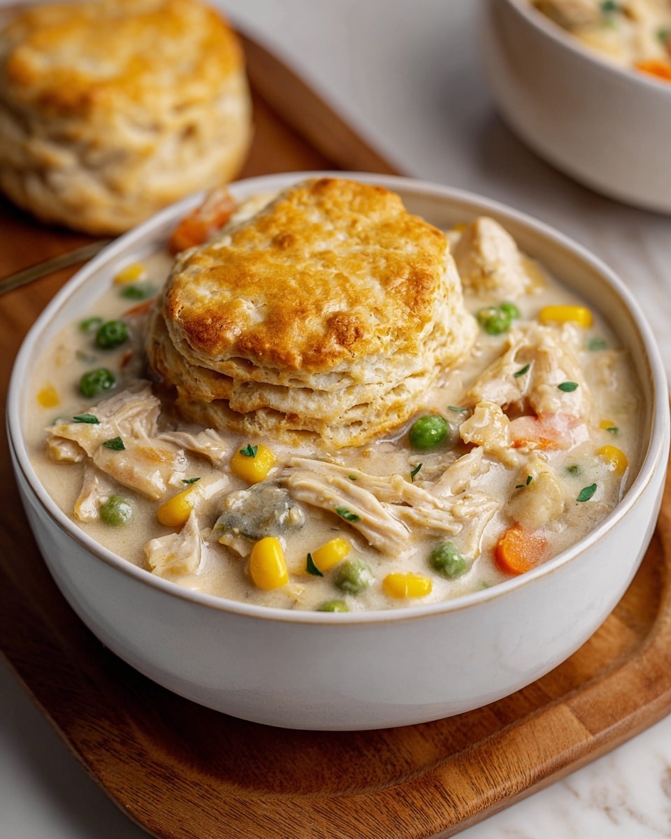 A close-up of a white bowl filled with creamy chicken and vegetable stew. The stew has pieces of shredded white chicken, yellow corn, green peas, and small orange carrot cubes in a thick, light-colored sauce, garnished with small green parsley bits. On top of the stew sits a golden-brown layered biscuit with a flaky texture and a slightly darker crispy top. In the background, there is a second biscuit that shows its layered sides and a second bowl with more stew, all placed on a white marbled surface. photo taken with an iphone --ar 4:5 --v 7