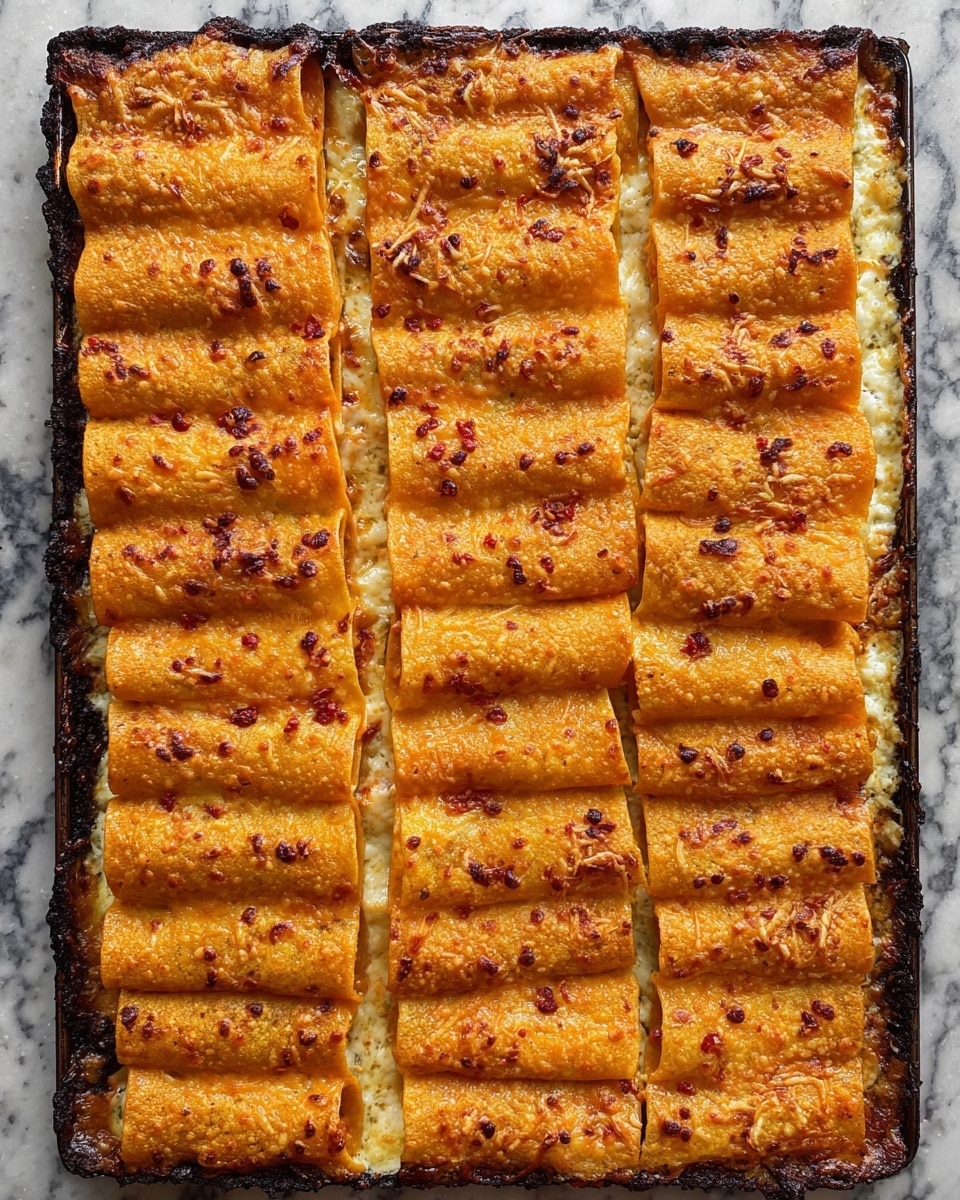 The image shows a baking tray filled with rows of rolled-up orange-colored food pieces, likely baked pasta or tortilla rolls. The rolls are arranged neatly in a grid pattern with about five rows and seven columns. The top layer is golden orange and crispy with small browned spots, showing melted cheese with some red chili flakes sprinkled across. Underneath the orange layer, a creamy white sauce or cheese is visible between the rolls and bubbling slightly at the edges, creating a textured mix of smooth and crisp. The tray has dark browned baked edges where cheese and sauce have caramelized. The background surface is a white marbled texture. photo taken with an iphone --ar 4:5 --v 7