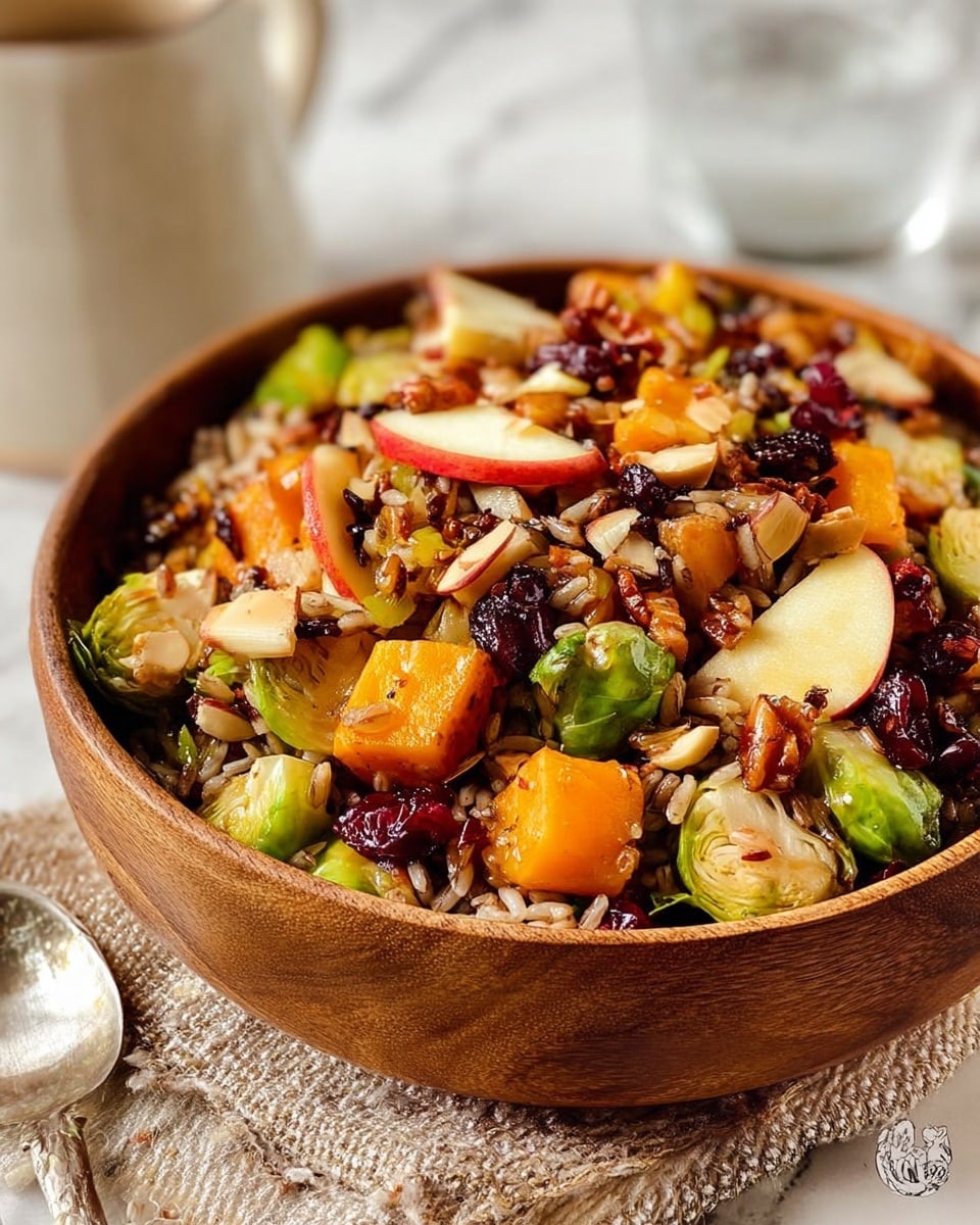 The dish is a colorful mixed salad served in a round wooden bowl placed on a textured fabric on a white marbled surface. The salad has several visible layers and ingredients, including chunks of roasted orange squash, bright green pieces of Brussels sprouts, small red apple slices with skin, dark dried cranberries, and slivered almond pieces scattered throughout. There is also a base layer of mixed rice or grains that is brown with a slightly glossy texture. The different colors and textures create a fresh and hearty look, with the ingredients mixed evenly but still distinct. In the background, there is a blurred glass of water and a white mug. Photo taken with an iphone --ar 4:5 --v 7
