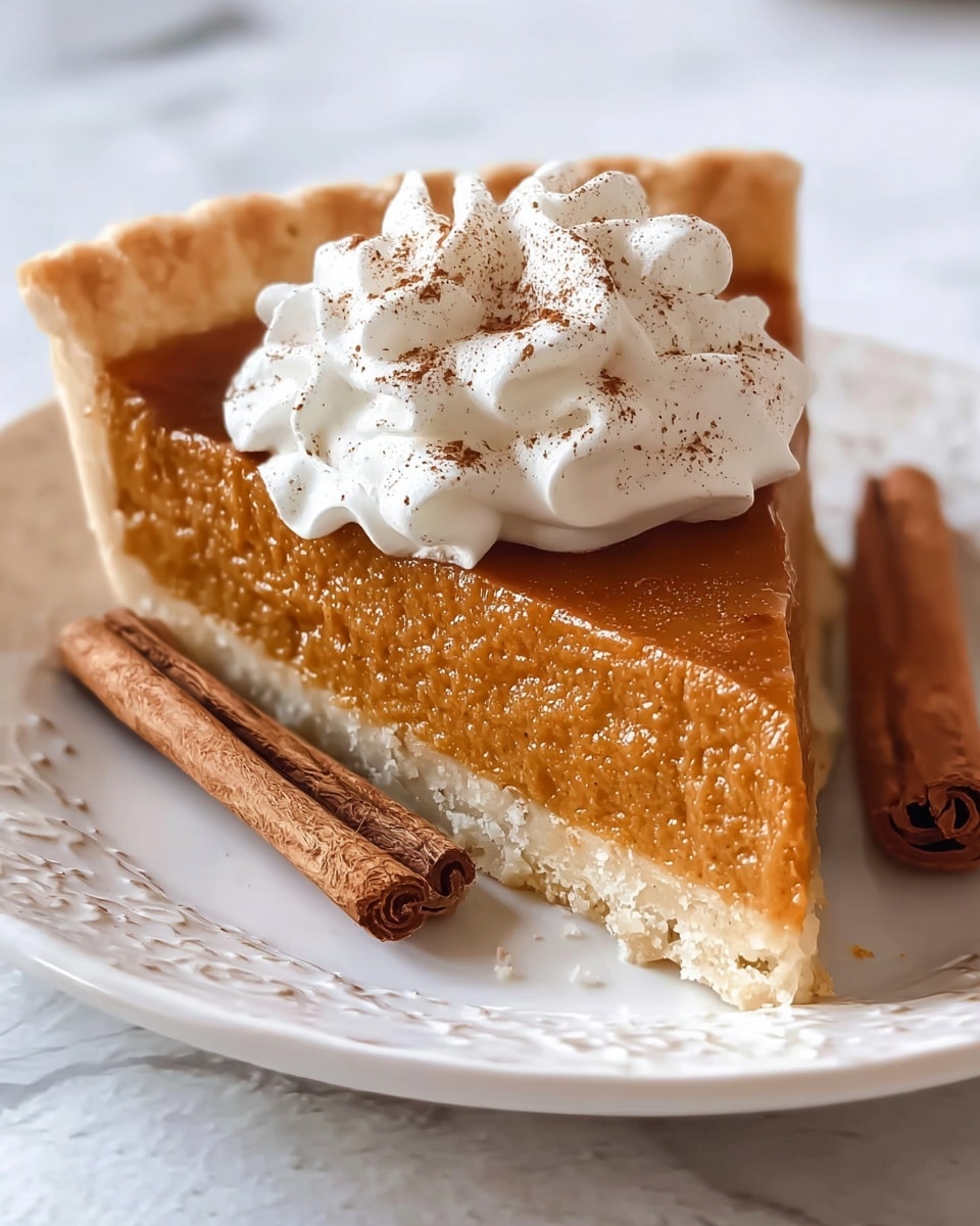A slice of pumpkin pie is shown on a white plate with gentle embossed designs. The pie has three visible layers: the bottom thin light beige crust with a firm texture, the middle thick orange-brown smooth pumpkin filling with a slightly glossy surface, and the top layer of white whipped cream dolloped in the center, sprinkled lightly with brown cinnamon powder. Two cinnamon sticks lie beside the slice on the plate. The surface beneath the plate is a white marbled texture. photo taken with an iphone --ar 4:5 --v 7