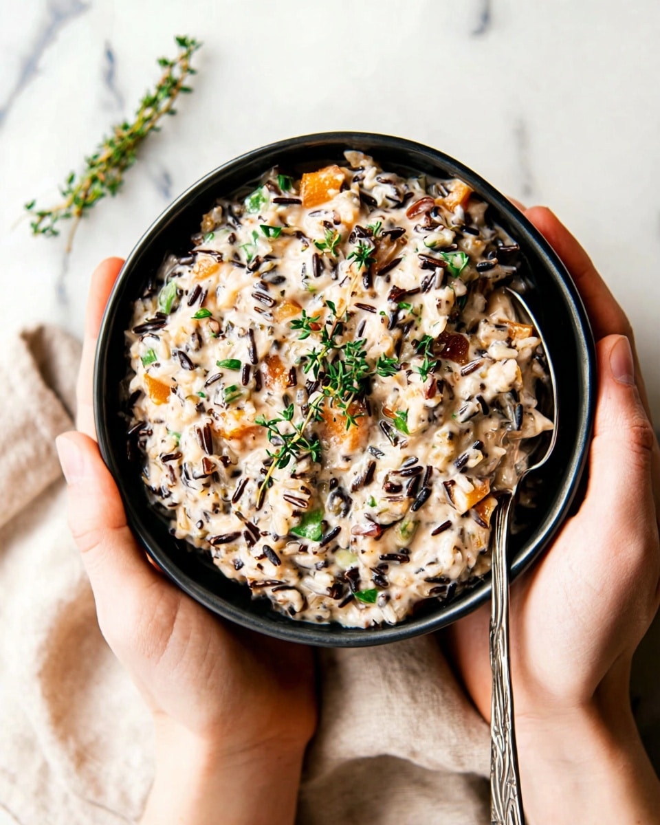 A close-up of a black bowl held by two woman's hands, filled with a creamy dish made of wild rice, orange chunks, and green herbs mixed throughout. The top layer shows dark wild rice grains standing out on the creamy white and light beige base, scattered with chopped green herbs and small orange pieces. A small sprig of fresh thyme rests on top, adding a touch of green and texture, while a silver spoon is partially visible inside the bowl on the right side. The background is a white marbled surface with a beige cloth partially visible. Photo taken with an iphone --ar 4:5 --v 7