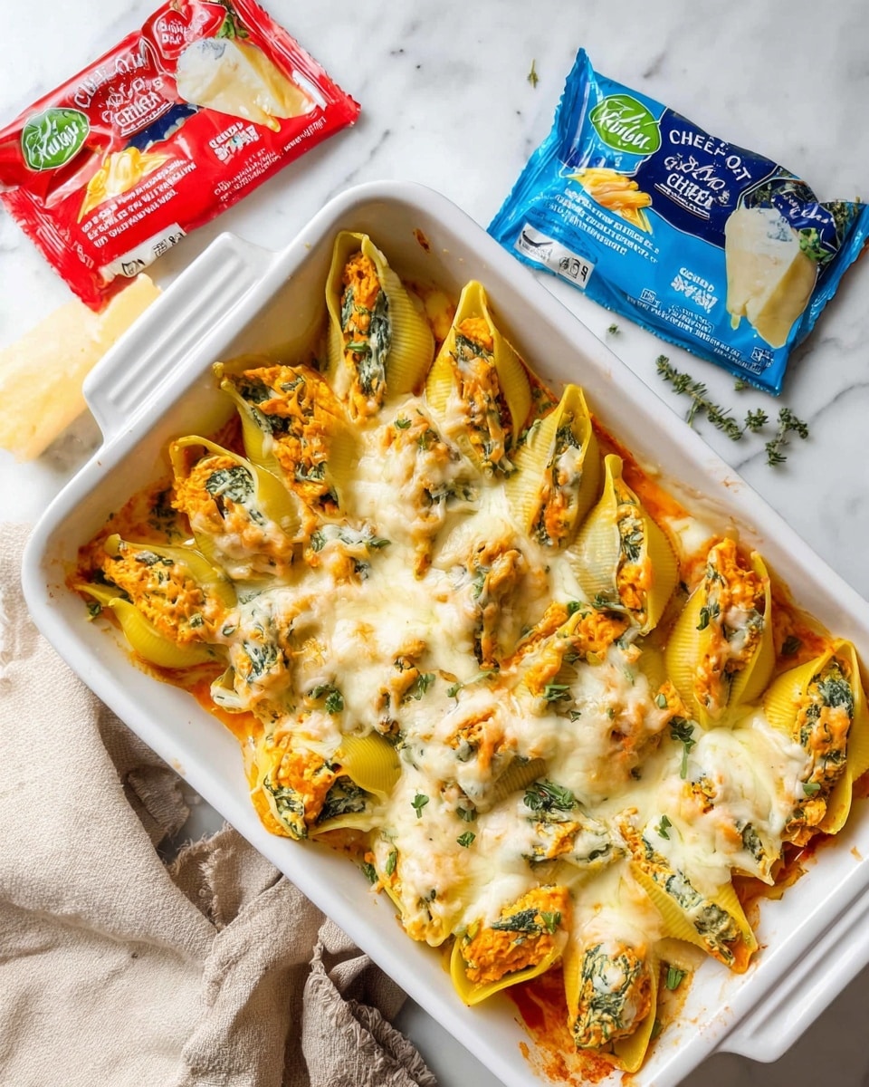 The image shows a white rectangular baking dish filled with stuffed pasta shells arranged in one layer. Each large yellow pasta shell is filled with a mixture of orange and green ingredients, likely a cheese and spinach filling, topped with melted white cheese that has turned golden brown in spots. The dish is garnished with small pieces of green herbs scattered on top. To the top left and right of the dish, there are two packets of cheddar cheese, one mostly red and white and the other blue and white. The dish sits on a white marbled surface with a beige cloth napkin partially visible on the bottom left. photo taken with an iphone --ar 4:5 --v 7