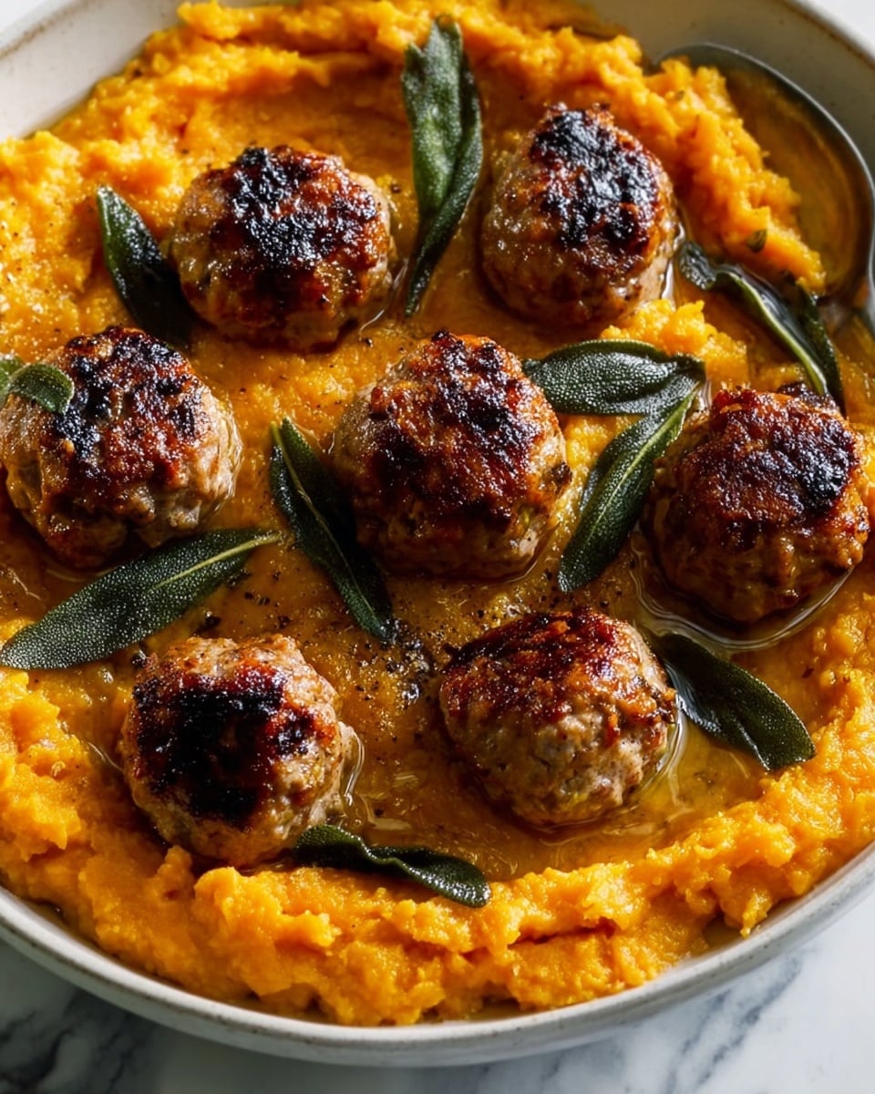 The image shows a white bowl filled with a bright orange, creamy layer of mashed sweet potatoes forming the base. On top, there are seven golden-brown meatballs with a slightly crispy, charred outside texture, arranged evenly across the sweet potato layer. Scattered on the meatballs and sweet potatoes are fresh, dark green sage leaves, adding contrast and a touch of freshness. A light, glossy sauce or oil glistens around the meatballs, enhancing their moist look. The bowl sits on a white marbled surface, and a spoon is partially visible on the side. photo taken with an iphone --ar 4:5 --v 7