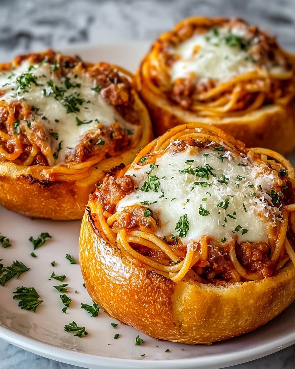 Three round bread bowls with a golden-brown crust are filled with layers of spaghetti mixed with a rich, chunky meat sauce. On top of each spaghetti layer is a thick dollop of melted white cheese, slightly browned around the edges. Fresh green parsley is sprinkled over the cheese and around the white plate for garnish. The bread bowls have a shiny, crispy texture, while the spaghetti appears soft and coated in sauce. The scene is set on a white marbled texture surface. photo taken with an iphone --ar 4:5 --v 7