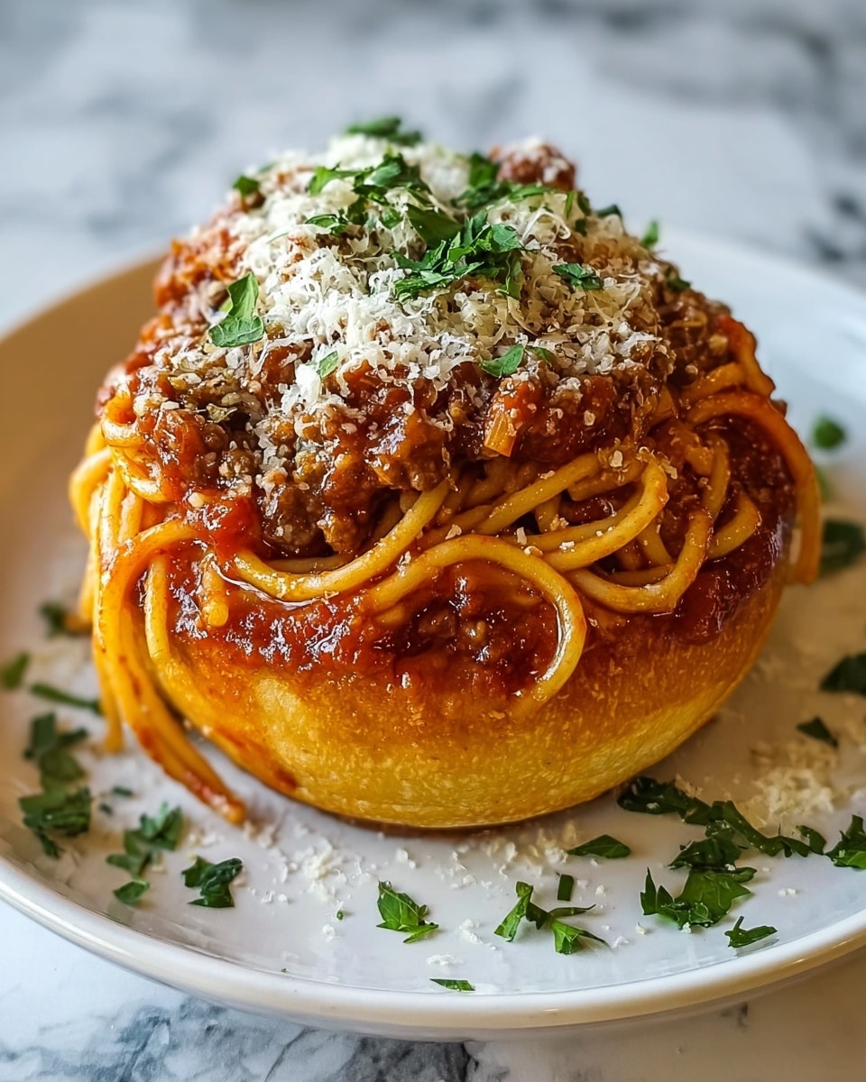 The dish shows a round bun base that is golden brown and toasted on the outside. On top of the bun, there is a thick layer of spaghetti covered in rich red tomato sauce mixed with small ground beef pieces. Over the spaghetti, there is a sprinkling of grated white cheese and chopped fresh green herbs. The dish is set on a white plate on a white marbled surface with some green herbs scattered around. Photo taken with an iphone --ar 4:5 --v 7