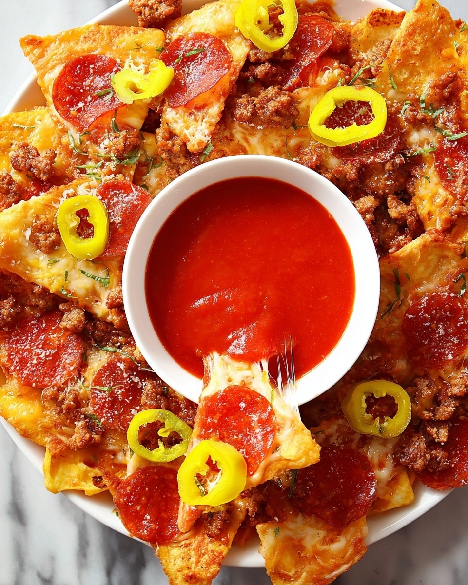 The image shows a white plate piled high with crispy golden-brown triangle chips topped with melted cheese, small browned sausage crumbles, and round slices of bright red pepperoni. Scattered on top and between the chips are curly, bright yellow pepper rings, adding a pop of color. In the center of the plate is a white bowl filled with smooth, thick red marinara sauce. One chip is dipped slightly into the sauce, showing some cheese stretching from the chip to the sauce. The background is a white marbled surface, making the colors and textures of the food stand out. photo taken with an iphone --ar 4:5 --v 7