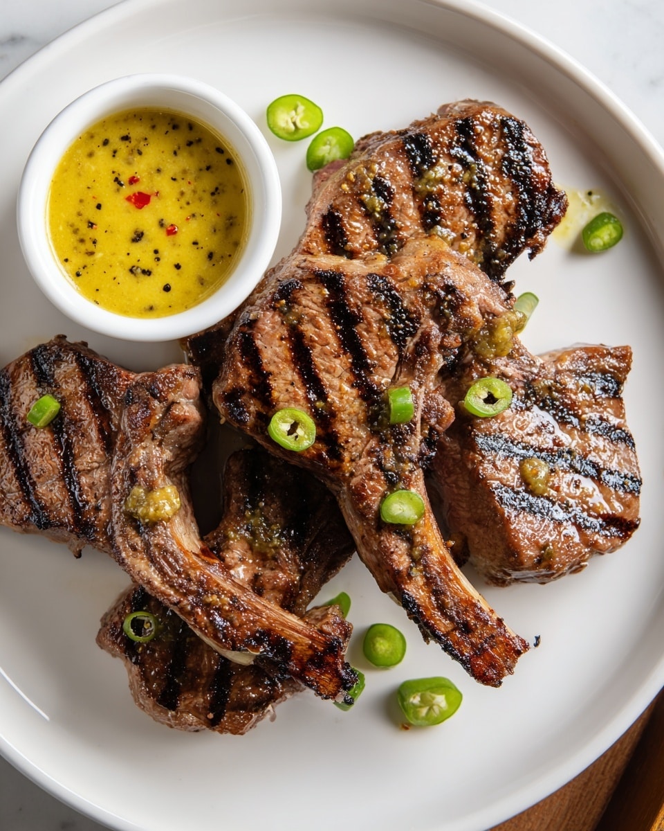 A white round plate holds six grilled lamb chops arranged loosely in the center, each chop showing distinct dark grill marks with a slightly charred, brownish color and juicy texture. Small green chili slices are scattered over and around the meat. On the lower left side of the plate is a small white ramekin filled with a thick yellow mustard sauce, speckled with black pepper and bits of green herbs and small red flakes. The plate sits on a white marbled texture surface. photo taken with an iphone --ar 4:5 --v 7