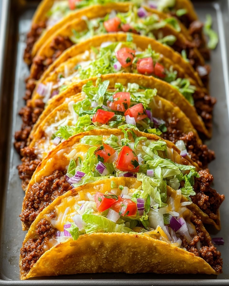 A close-up view of six crispy tacos lined up side by side in a baking tray, each taco with three visible layers: the bottom golden brown crispy shell, a middle layer of rich, browned ground beef, and a top layer of melted yellow and white cheese. On top of the cheese, there is a fresh mix of small chopped green lettuce, red diced tomatoes, and white and purple onion pieces scattered evenly. The tacos are arranged in a row with the open side facing slightly to the left, all resting on a white marbled texture surface. photo taken with an iphone --ar 4:5 --v 7