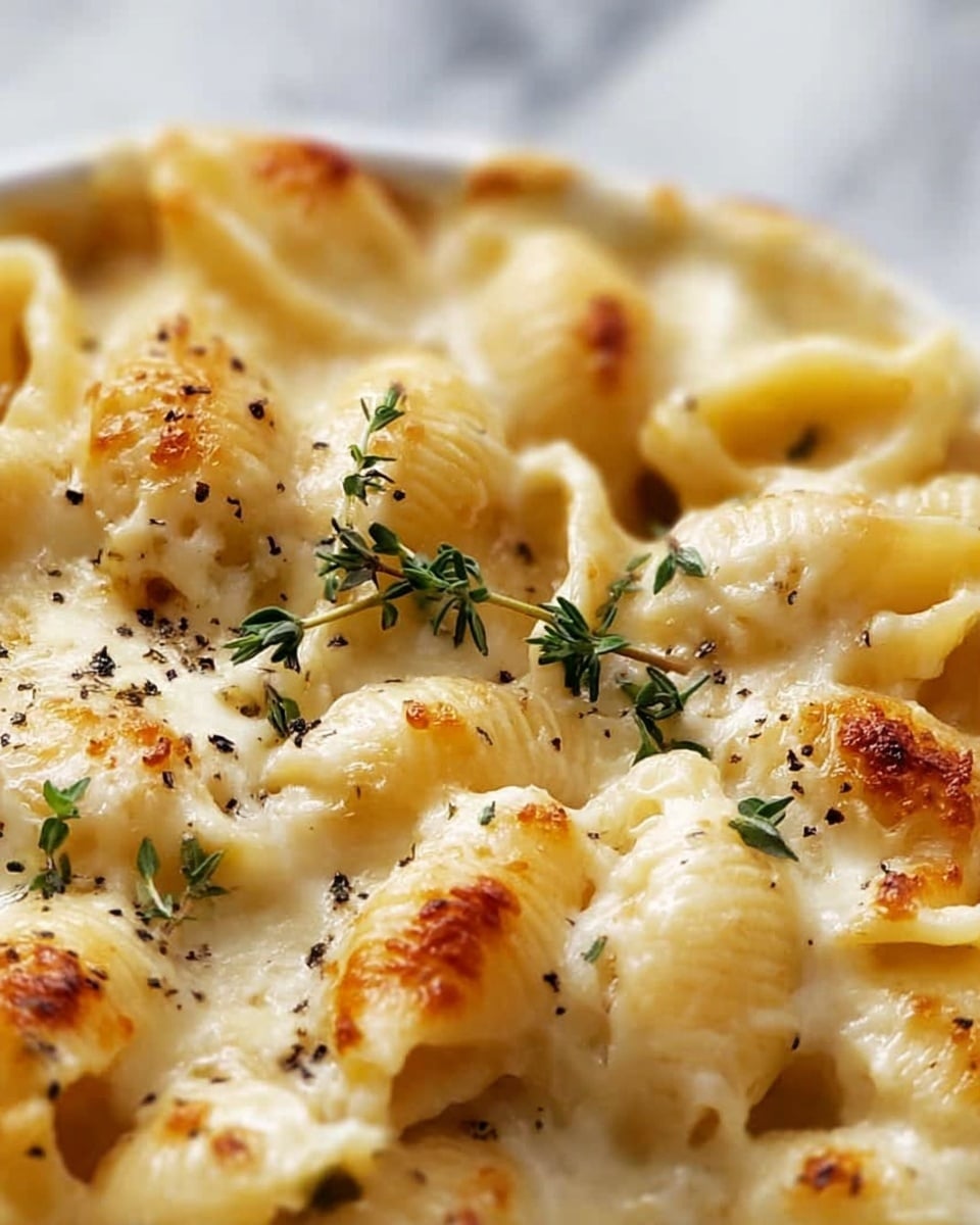 The image shows a close-up of creamy baked pasta made of shell-shaped noodles covered in a thick, pale yellow cheese sauce. The pasta shells have a smooth, soft texture with slightly golden baked spots. Fresh small thyme sprigs with dark green tiny leaves rest on top, along with coarse black pepper scattered evenly across the cheese layer. This dish sits on a white marbled surface, emphasizing the creamy texture and subtle browns of the baked cheese. photo taken with an iphone --ar 4:5 --v 7