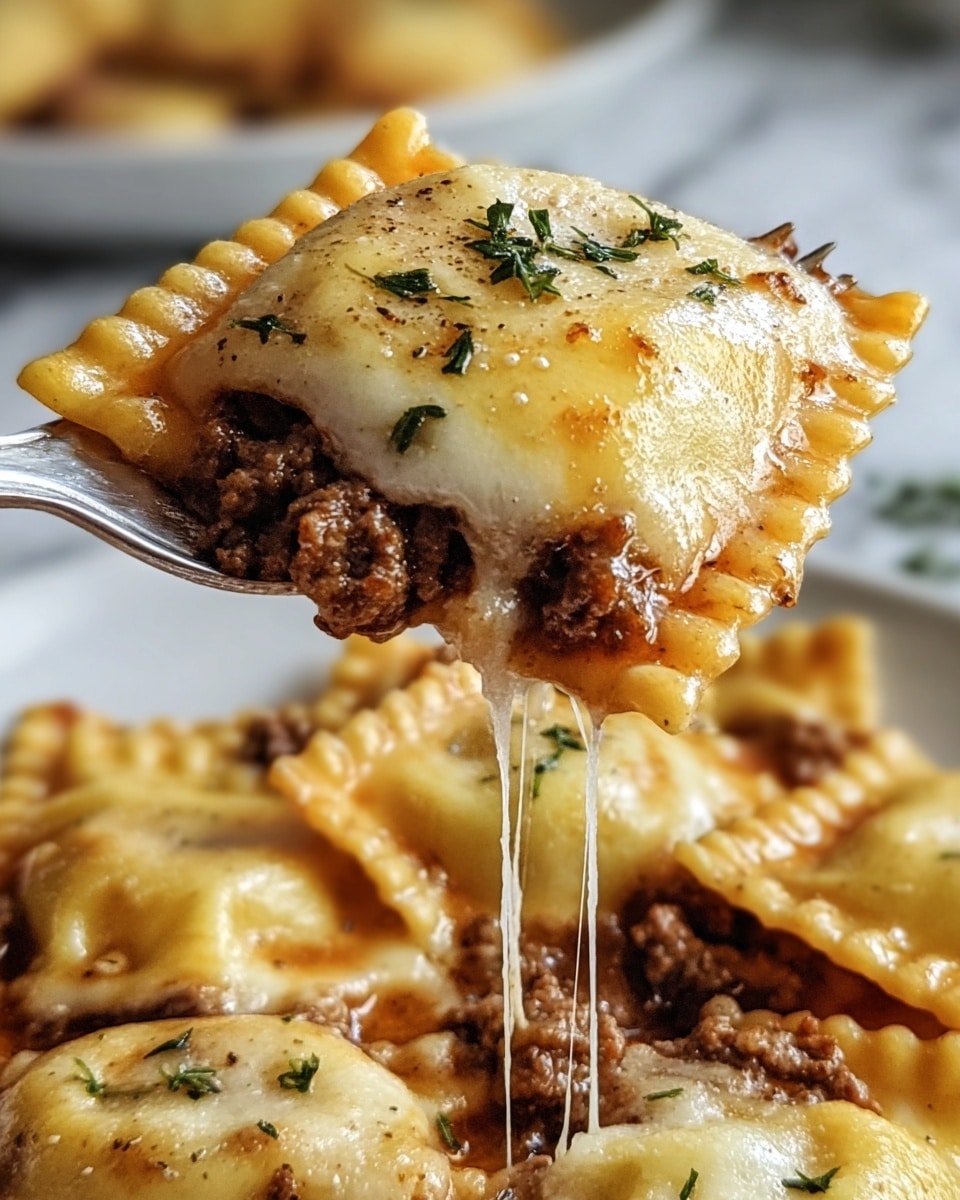 A close-up of a piece of ravioli being lifted by a fork, showing three main layers: the top pasta layer is light golden with a slightly crispy edge and some green herb sprinkles; the middle filling layer is rich, cooked ground meat in a brown sauce, looking juicy and tender; the bottom pasta layer matches the top, soft and smooth with melted, stretchy, gooey cheese dripping down. The ravioli lies on more pieces with similar colors and textures on a white marbled surface. Photo taken with an iphone --ar 4:5 --v 7