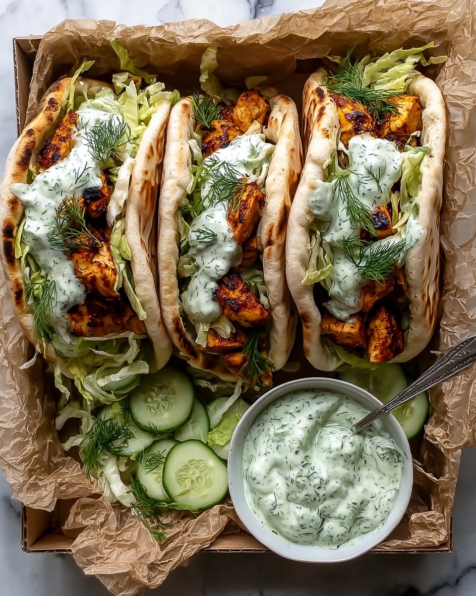 Three pita sandwiches filled with grilled chicken pieces, which are brown and slightly charred, sit side by side in a box lined with crumpled brown paper. Each pita is stuffed with a mix of light green shredded lettuce, thin slices of cucumber, and dollops of creamy white sauce speckled with green herbs. Fresh green dill sprigs are scattered on top and around the sandwiches. In front of the pitas is a white bowl filled with greenish creamy sauce with herbs, and a silver spoon rests inside. The box is placed on a white marbled surface. Photo taken with an iphone --ar 4:5 --v 7