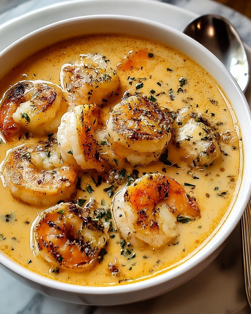 A white bowl filled with thick creamy soup with a light orange color. The soup has several pieces of shrimp that have a white and pink color with a slightly charred texture on top, scattered evenly around the bowl. Small green herb pieces are sprinkled over the soup and shrimp, adding contrast. The soup looks smooth and rich, with a slight sheen from the broth. The bowl sits on a white marbled surface with a metal spoon next to it. photo taken with an iphone --ar 4:5 --v 7