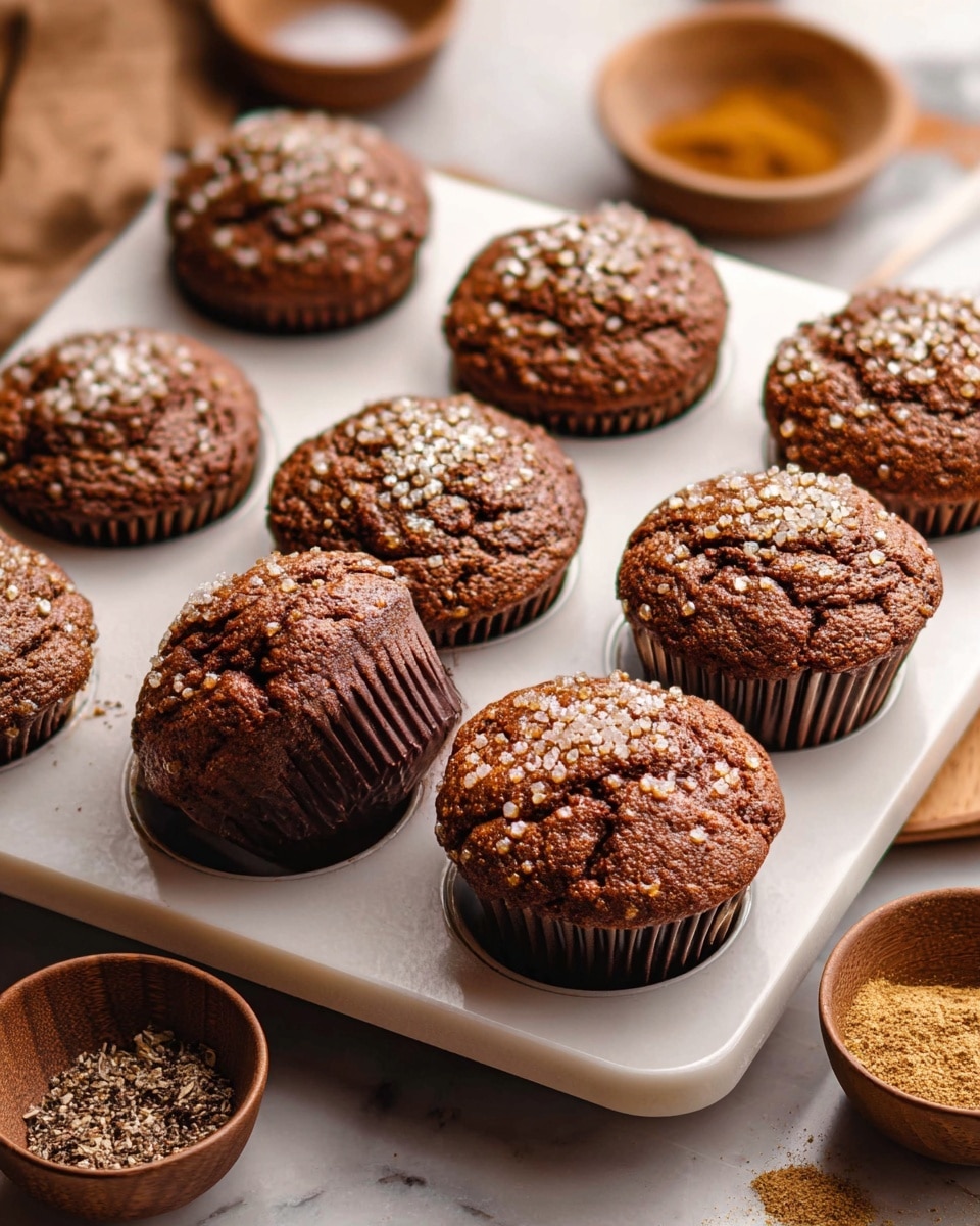 The image shows a white muffin tray filled with ten muffins, some topped with coarse sugar crystals that sparkle in light, creating a textured golden layer. The muffins have a cracked, slightly rough surface with a dark brown color, indicating a rich baked crust. One muffin is turned on its side, revealing a dark brown ridged paper liner underneath. The tray is placed on a white marbled surface with small bowls of spices and ingredients blurred in the background, adding warmth and context to the scene. photo taken with an iphone --ar 4:5 --v 7