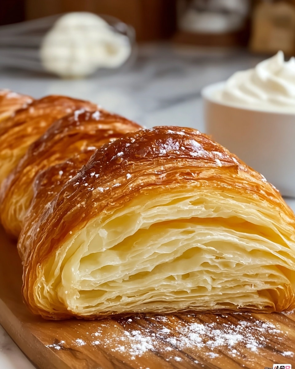 A close-up image of a sliced croissant resting on a wooden board with a few scattered white flour specks. The croissant reveals many thin, soft, and light yellow layers inside, with a shiny, golden-brown crust on top that looks crisp and flaky. In the blurred background, a white bowl filled with soft white cream and a whisk is visible, all set on a white marbled surface. photo taken with an iphone --ar 4:5 --v 7