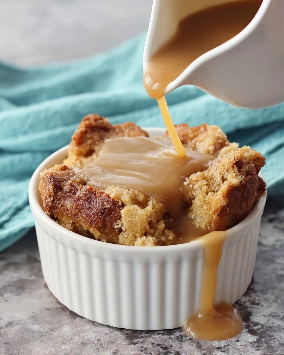 A white ramekin filled with a piece of golden brown bread pudding that has a rough, crumbly texture on top and softer, moist layers beneath. Light brown sauce is being poured over it from a white small pitcher, pooling in the center and spreading over the edges of the dessert. The ramekin sits on a white marbled textured surface next to a light blue cloth. Photo taken with an iphone --ar 4:5 --v 7