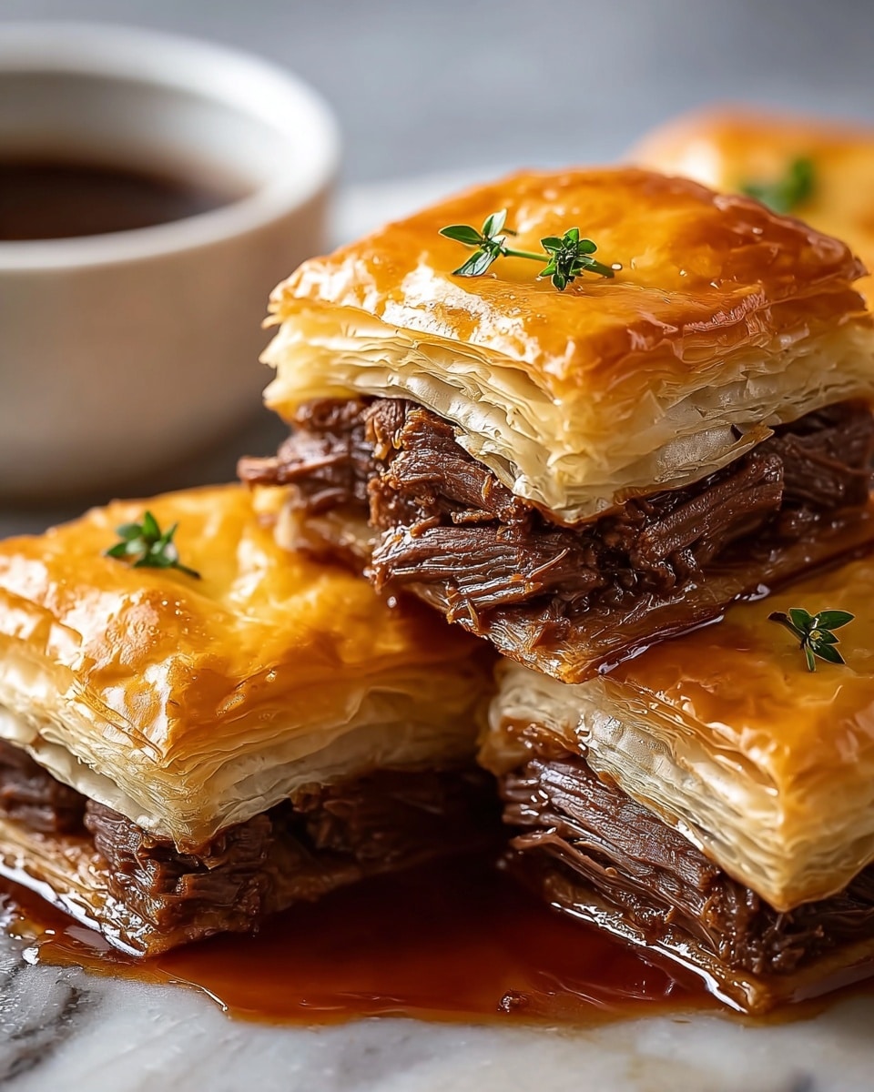 The image shows three pieces of layered beef pastry stacked on a flat surface with a white marbled texture. Each piece has three visible layers: a shiny, golden-brown top layer of flaky pastry with a slightly crisp texture; a middle layer of tender, shredded dark brown beef that looks juicy and fibrous; and a bottom layer of flaky pastry matching the top, with a light golden color. A small sprig of green herb lies on top of the upper pastry. The pieces are surrounded by a pool of dark brown sauce, adding a glossy finish to the scene. In the background, a white bowl containing more sauce is partially visible. Photo taken with an iphone --ar 4:5 --v 7