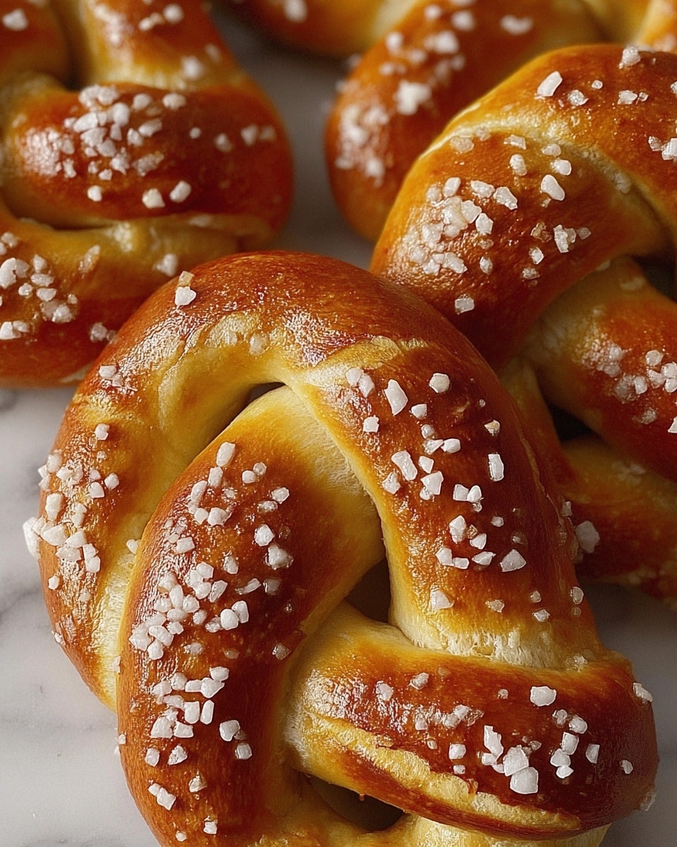This close-up image shows soft pretzels with a shiny, golden-brown crust. Each pretzel has a twisted shape with visible plump dough sections separated by smooth, curved indentations. Large grains of coarse salt are scattered unevenly across the shiny surface, adding texture and contrast. The dough beneath the crust looks soft and slightly yellowish, peeking through in some areas along the edges of the twists. The pretzels are placed closely together on a white marbled surface, creating a warm and inviting scene. photo taken with an iphone --ar 4:5 --v 7