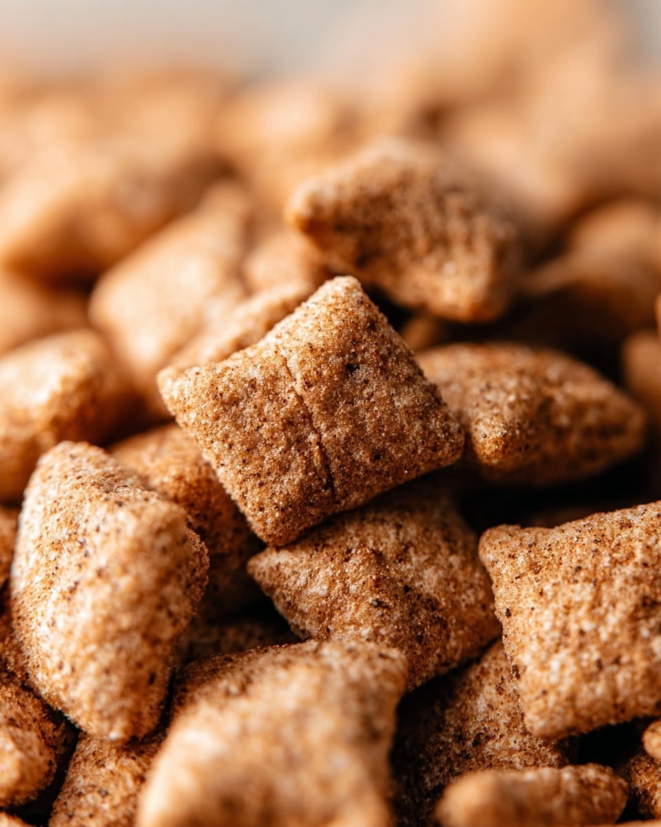 A close-up view of many small, square pieces of cereal piled together, each covered in a fine, light brown powdery coating with visible specks of darker brown, giving them a textured, slightly rough surface. The squares have a soft, pillow-like shape with rounded edges and a slightly uneven finish. The background is softly blurred, highlighting the textured cereal squares in the center. photo taken with an iphone --ar 4:5 --v 7