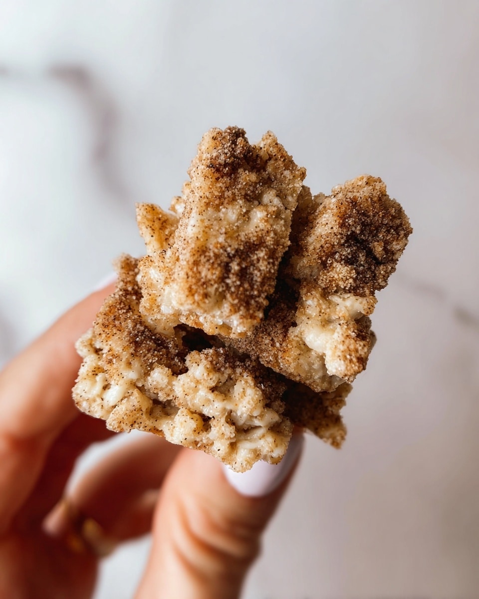 A close-up image showing a woman’s hand holding a small cluster of snack pieces. The snack has multiple rough-textured layers covered in granular sugar crystals and cinnamon powder, giving it colors of light brown, beige, and darker brown spots. The pieces have an irregular shape with crumbly edges and a crunchy surface. The background is a soft white marbled texture. Photo taken with an iphone --ar 4:5 --v 7