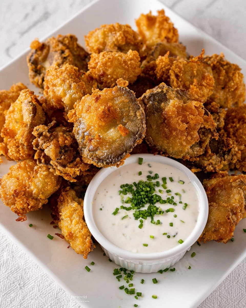 The image shows a pile of golden brown, crispy fried mushrooms placed on a white square plate. The mushrooms have a crunchy, textured coating with some darker, well-fried spots. In the center of the plate, there is a small white bowl filled with a creamy white dipping sauce topped with fresh green chopped chives. The plate sits on a white marbled texture surface. photo taken with an iphone --ar 4:5 --v 7