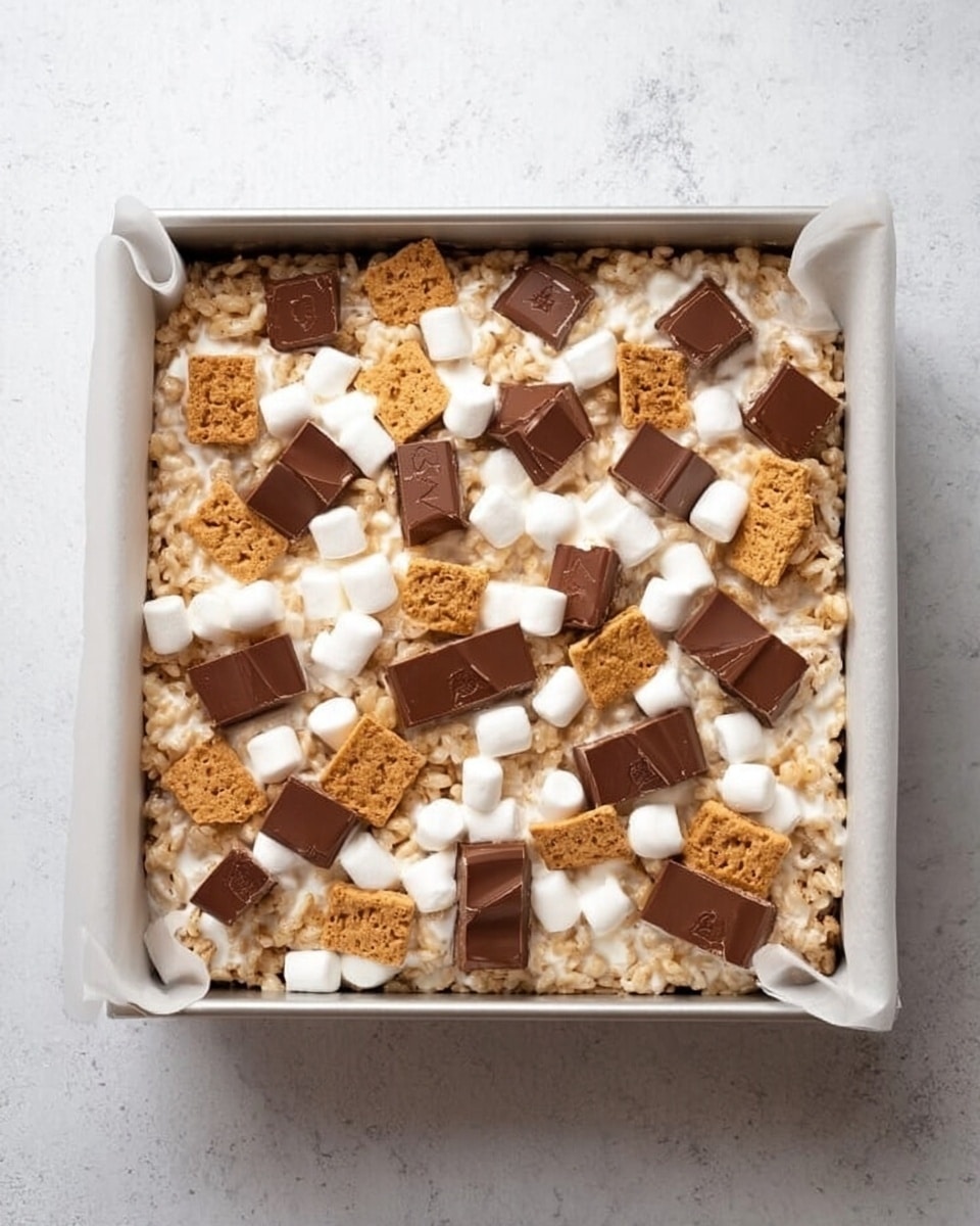 A square baking pan lined with white parchment paper holds a layered dessert made of creamy white melted marshmallow mixed with puffed rice cereal forming the base layer, topped unevenly with small white mini marshmallows, chunks of golden-brown graham cracker pieces, and rectangular pieces of milk chocolate scattered all over the surface. The pan is placed on a white marbled texture surface. photo taken with an iphone --ar 4:5 --v 7