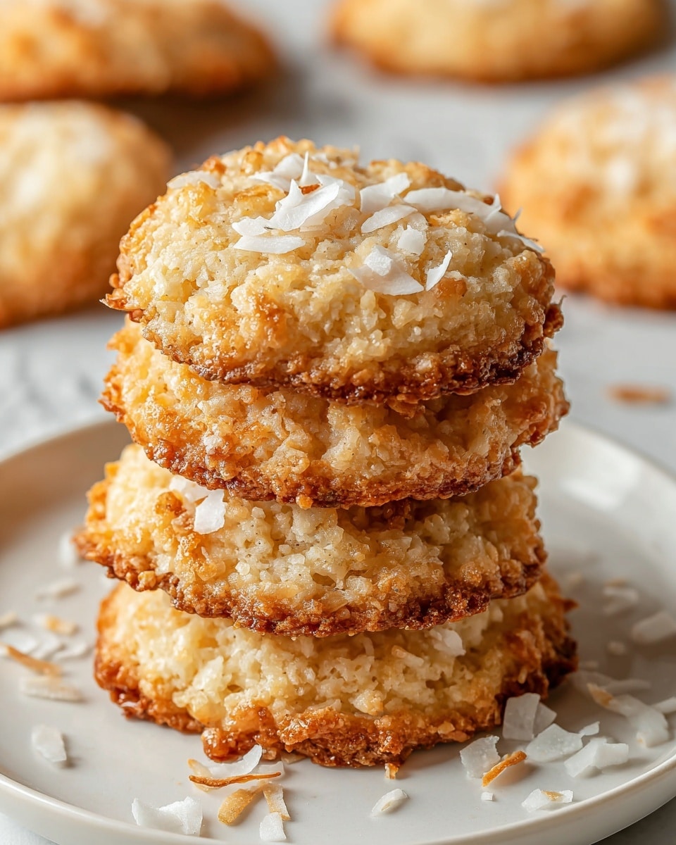A stack of five round, golden coconut cookies with a slightly crispy texture and rough edges sits on a white plate. Each cookie layer is light brown with small white coconut flakes sprinkled thickly on top and scattered lightly around, showing a moist and crumbly surface. The cookies look soft in the middle and cracked on the top, emphasizing the fresh coconut pieces. The background is a white marbled texture with more cookies blurred out in the distance, enhancing the focus on the stack. photo taken with an iphone --ar 4:5 --v 7