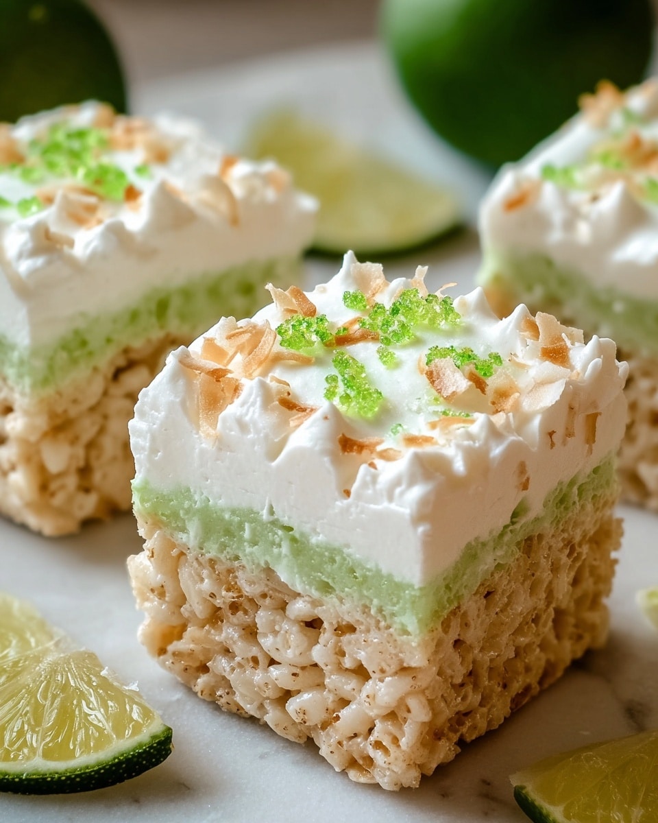 The image shows three square-shaped rice crispy treats with two main layers. The bottom layer is made of light golden crispy rice cereal mixed with a pale green element, giving it a slightly speckled look inside. The top layer is a thick, smooth white cream evenly spread over the crispy base. On top of the white cream, there are small green and light tan sprinkles scattered evenly, adding texture and color contrast. The treats are placed on a white marbled surface, and lime wedges are visible around the treats, giving a fresh and zesty feel to the scene. Photo taken with an iphone --ar 4:5 --v 7