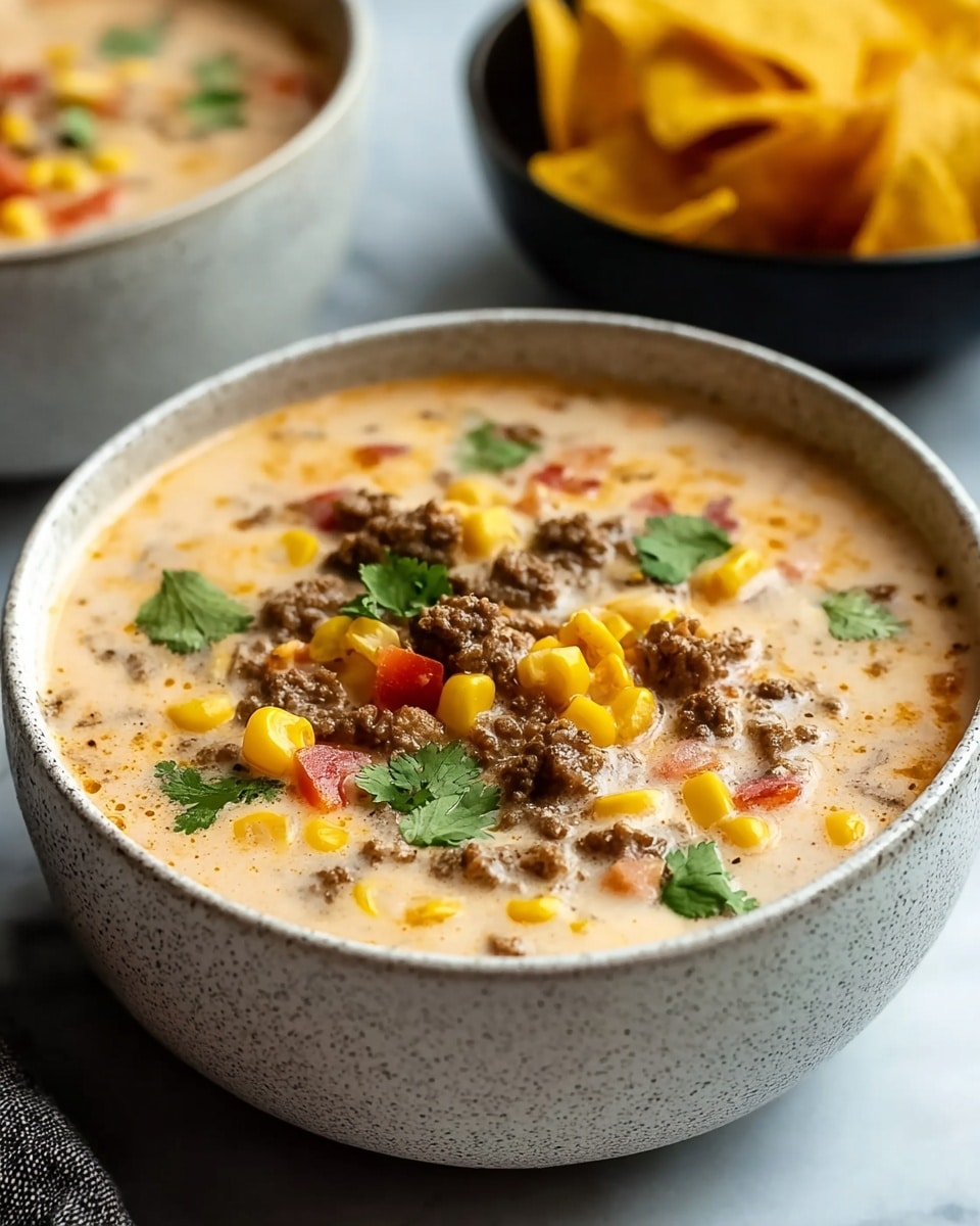 A close-up of creamy soup served in a white bowl with a speckled texture, filled to the top with light beige broth mixed with small chunks of browned ground meat, yellow corn kernels, and diced red tomatoes. Fresh green cilantro leaves are scattered on top as garnish. The bowl is set on a white marbled surface with a blurry black bowl containing yellow tortilla chips in the background. Photo taken with an iphone --ar 4:5 --v 7