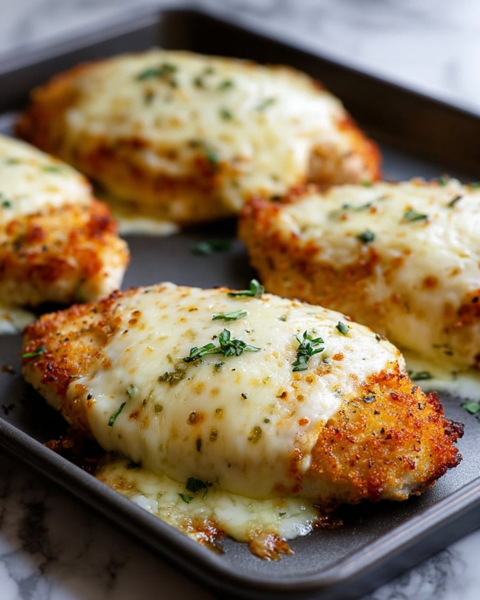 The image shows four breaded chicken breasts on a dark baking tray, each topped with a thick layer of melted white cheese that has browned slightly around the edges, adding a crispy texture. The chicken breasts have a golden-brown crust showing underneath the cheese. Small green herb leaves are sprinkled on top of the cheese, adding a fresh touch. The background is a white marbled texture, and the focus is on the front chicken breast with a soft blur on the rest. Photo taken with an iphone --ar 4:5 --v 7
