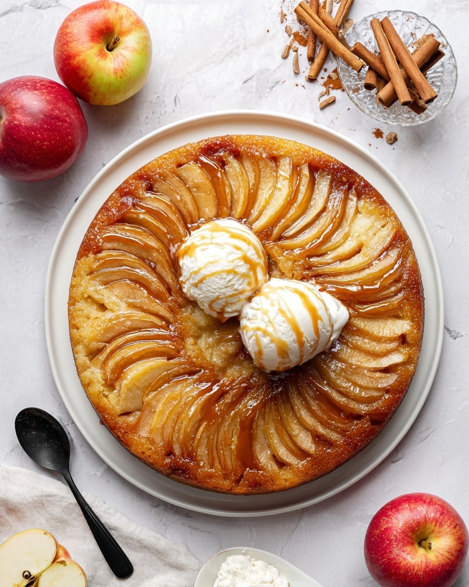 The image shows a round upside-down apple cake on a white plate, with one visible layer of moist golden brown cake topped with evenly arranged caramelized apple slices in a fanned pattern around the top. On the center of the cake, there are two scoops of white vanilla ice cream drizzled with caramel sauce, adding a creamy texture. The setting has a white marbled texture surface with halved and whole red and yellow apples, a glass full of cinnamon sticks, a few sticks scattered nearby, and a small black spoon with white cream inside. photo taken with an iphone --ar 4:5 --v 7