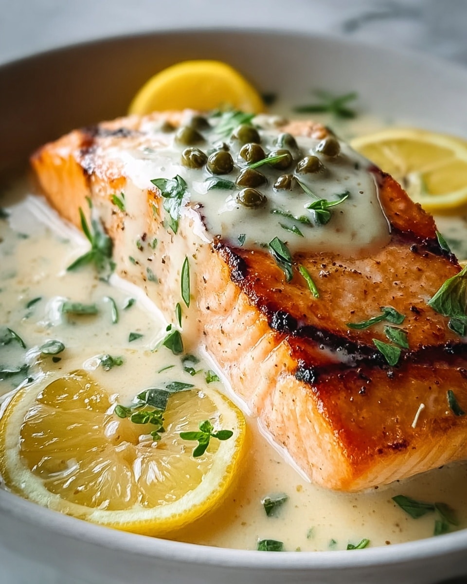 A close-up view of a cooked salmon fillet with a golden brown grilled surface and pinkish-orange textured flesh underneath. The salmon is topped with a creamy white sauce that has a smooth texture, dotted with small green herbs and whole green peppercorns. Three bright yellow lemon halves are placed on and around the salmon, adding a fresh look. The dish is served in a white bowl with a small rim, against a white marbled texture background. photo taken with an iphone --ar 4:5 --v 7