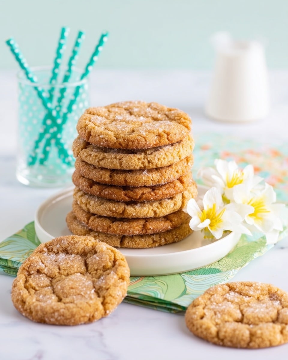 The image shows a round stack of six golden brown cookies with a crackled top texture on a white plate with a green rim, placed on a white marbled surface. In front of the stacks, there are three cookies laid flat, with one cookie closer to the front, showing a rough, crumbly texture with sugar granules sprinkled on top. To the right of the cookies, there is a small cluster of white flowers with yellow centers adding a delicate touch. In the background on the left, two teal-colored polka dot straws stand upright inside a clear glass with some patterned napkins. On the right side in the background, there is a white pitcher partially visible. The overall setting has soft, natural light. photo taken with an iphone --ar 4:5 --v 7