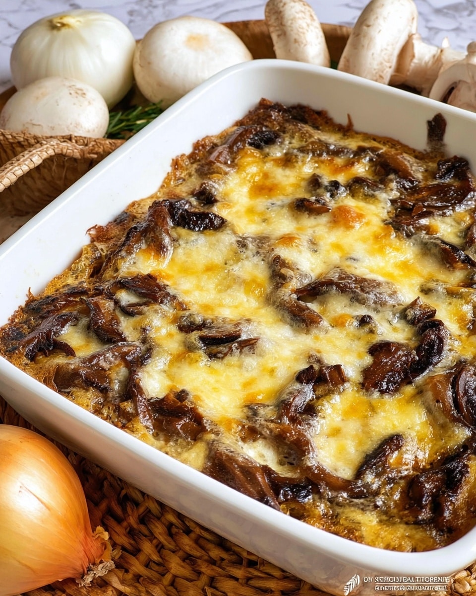 A close-up view of a baked mushroom and cheese casserole in a white square baking dish, showing one thick top layer made of browned melted cheese mixed with dark brown cooked mushrooms with a slightly crispy texture. The mushrooms appear soft and caramelized, with irregular shapes and edges blending into the golden-yellow cheese layer that has bubbly and browned spots. The dish sits on a woven straw mat with whole white mushrooms and a golden-brown onion in the foreground, and a white marbled surface underneath. photo taken with an iphone --ar 4:5 --v 7