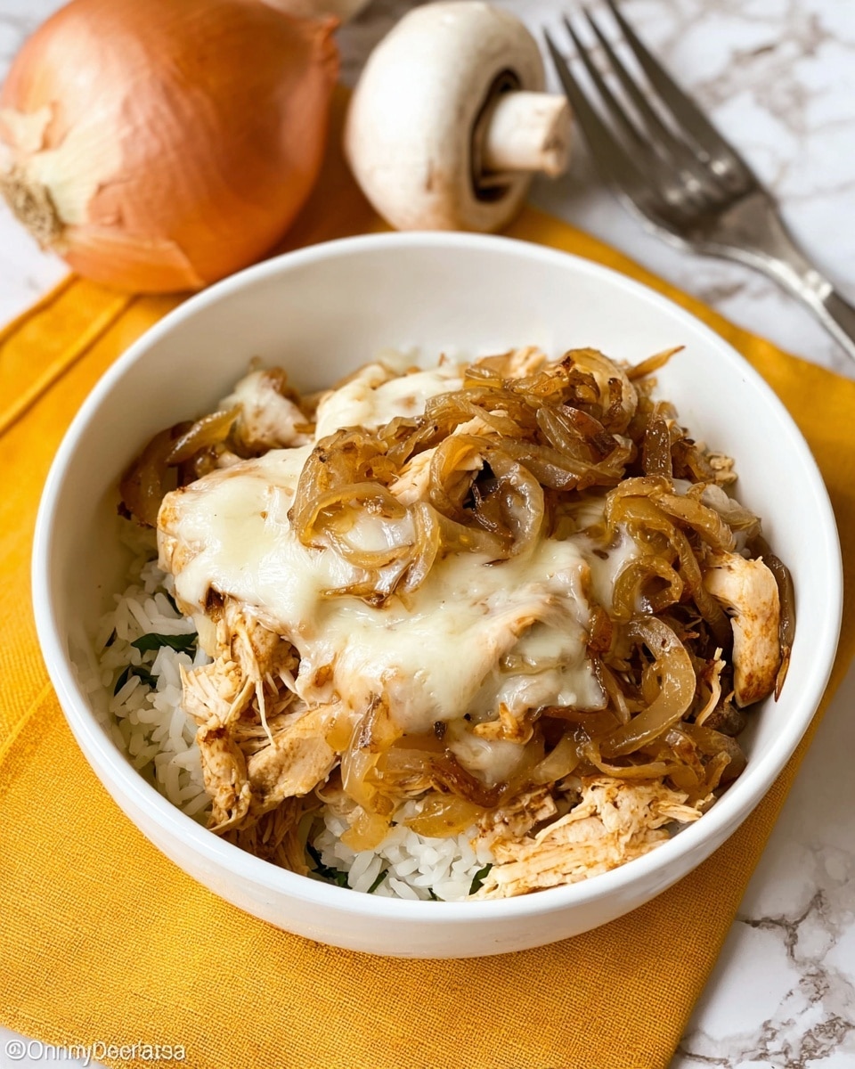A white bowl filled with a layered dish showing tender shredded chicken pieces at the bottom, topped with groups of golden brown sautéed onions that have a soft and glossy texture. Melted cheese is draped unevenly across the top, partially melted and slightly browned, blending with the chicken and onions. The dish sits on a yellow cloth napkin with some raw white rice grains scattered around. A white marbled textured surface is visible under the napkin, with a whole white mushroom and a metal fork placed nearby. Photo taken with an iphone --ar 4:5 --v 7