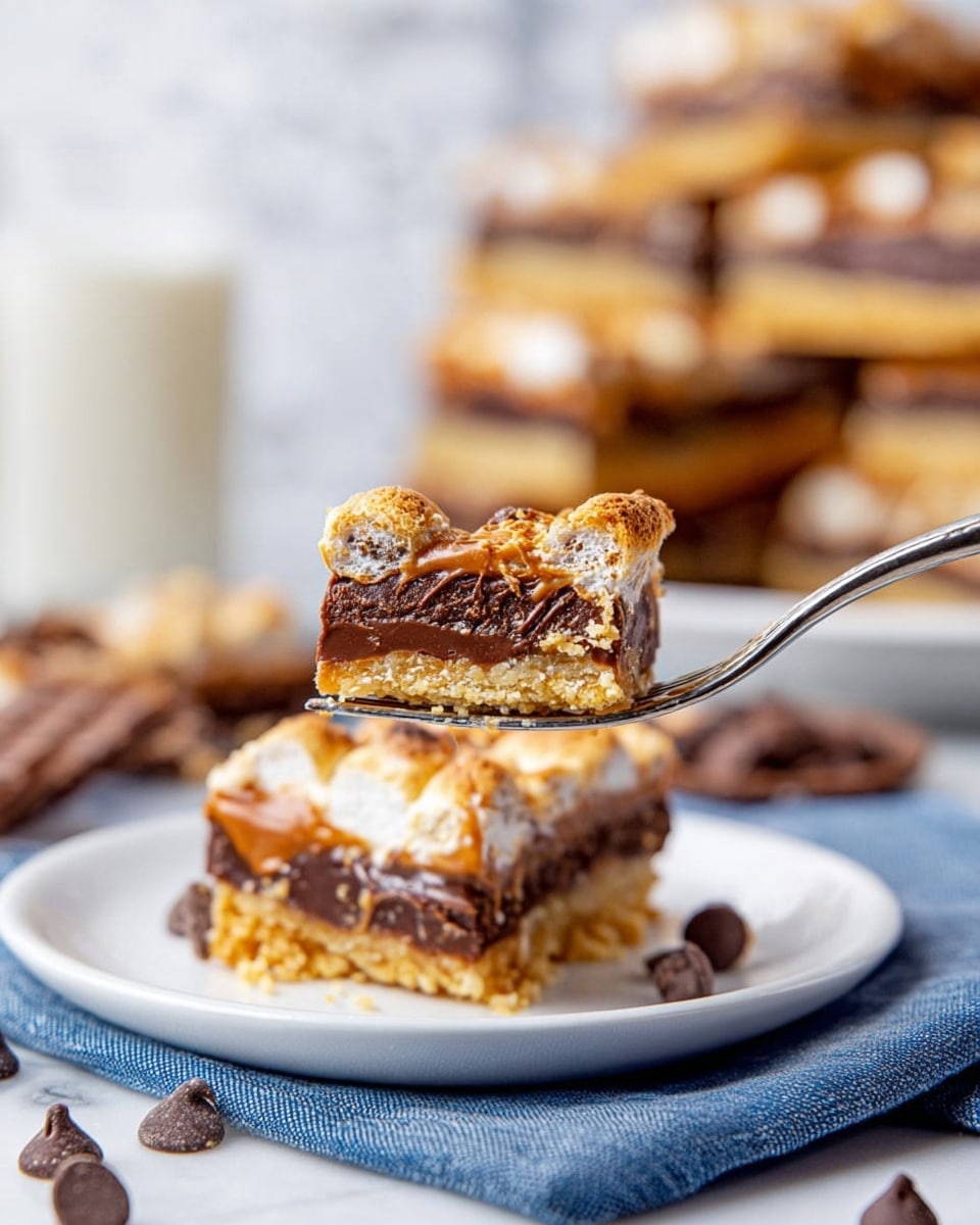 A close-up of a fork holding a small piece of a dessert bar with multiple layers: a golden crumbly crust at the bottom, a thick dark chocolate layer above it, topped with a creamy caramel layer and small bits of toasted marshmallow, creating a slightly uneven textured surface in light golden and white shades. In the background, a white plate holds a larger piece of the same dessert bar, showing visible layers that match the small piece on the fork, all placed on a blue cloth over a white marbled surface. Behind that, a blurred stack of many dessert bars is visible along with a glass of milk and scattered chocolate chips nearby. photo taken with an iphone --ar 4:5 --v 7