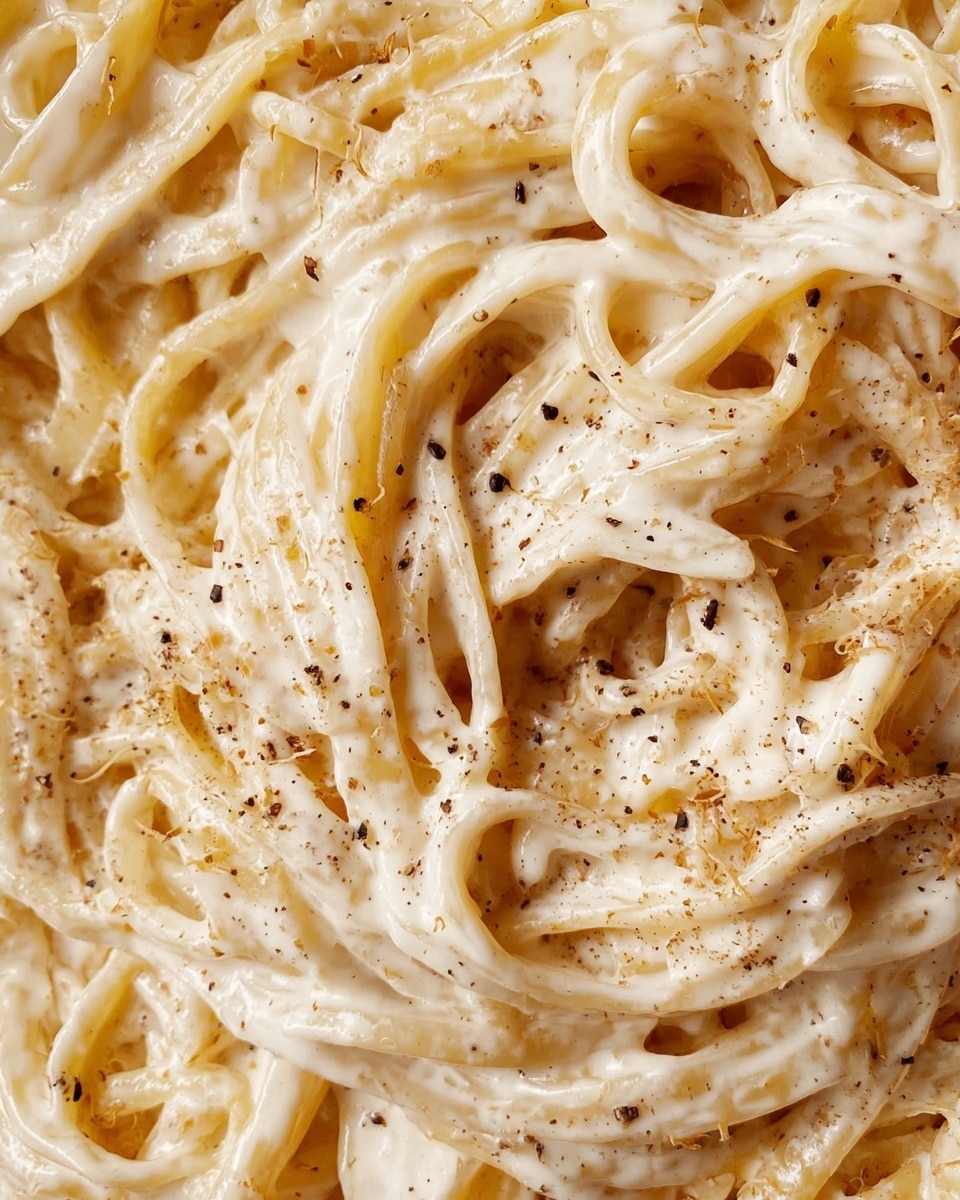 This close-up image shows a creamy pasta dish featuring long, flat noodles coated in a thick white sauce. The sauce is smooth and rich, clinging to each strand of pasta. The noodles are tangled and layered unevenly, with small specks of black pepper and grated cheese scattered evenly on top, adding texture and contrast to the creamy white and light golden colors of the pasta. The overall look is warm and inviting, with a soft, glossy finish. The background is a white marbled texture. photo taken with an iphone --ar 4:5 --v 7