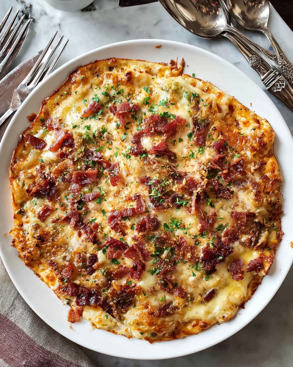 The image shows a round pizza on a white plate with melted golden cheese covering the top layer, which is dotted with browned, crispy bits and sprinkled with small pieces of reddish-brown cooked meat. The cheese layer has a slightly bubbly and uneven texture, with herbs scattered throughout adding green touches. The pizza crust is thin and lightly browned around the edges, holding the toppings well. The plate rests on a white marbled surface, with some silver forks and knives visible in the background. Photo taken with an iphone --ar 4:5 --v 7