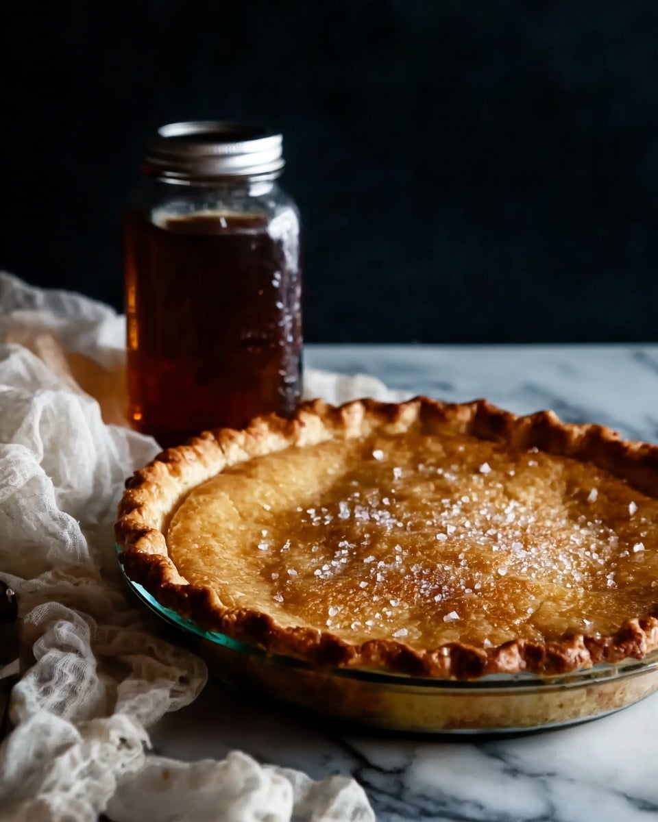 A golden brown pie with a slightly crimped edge sits in a clear glass pie dish, resting on a loosely placed white gauze cloth. The pie surface has a shiny appearance with a sprinkle of coarse salt or sugar crystals on top, adding texture. Behind the pie, there is a glass jar filled with a dark amber liquid with a silver lid. The whole scene is set against a dark background and placed on a white marbled surface. photo taken with an iphone --ar 4:5 --v 7