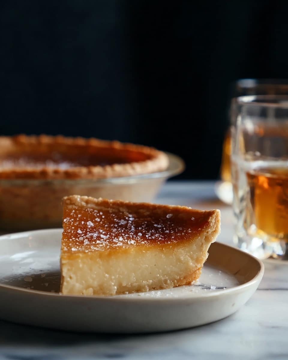 A single slice of pie with a golden brown crust sits centered on a white plate, showing two layers: a thick, light beige creamy filling at the bottom and a slightly darker golden top crust sprinkled with coarse white crystals, likely salt. Behind the slice, there is a whole pie in a clear glass dish with the same golden crust, slightly blurred. To the right, a clear glass with a light amber liquid is partially visible. The whole scene is set on a white marbled texture with soft, natural lighting and a dark blurred background. Photo taken with an iphone --ar 4:5 --v 7