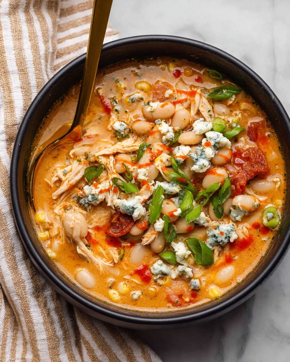 A black bowl filled with a creamy orange soup as the base layer, dotted with white beans and pieces of yellow corn. There are shredded white chicken strips mixed in, along with small red tomato chunks, giving a varied texture. On top, there are scattered green chopped scallions and crumbled blue cheese, with bright red hot sauce drizzled over, adding contrast. A gold spoon rests inside the bowl, partially submerged in the soup, and the bowl sits on a white marbled texture, next to a beige and white striped cloth. Photo taken with an iphone --ar 4:5 --v 7