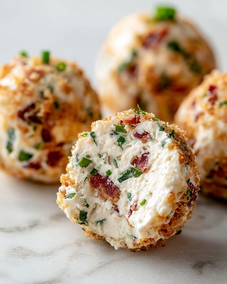 A close-up image of round cheese balls coated in a crumbly outer layer with visible bits of green herbs and reddish pieces inside the creamy white cheese. The surface of the cheese balls shows a mix of smooth, soft cheese with colorful flecks of finely chopped herbs and small meat pieces. The cheese ball in focus is cut in half, revealing the creamy inside layered with green herbs and reddish bits evenly spread within the white cheese. The background shows more whole cheese balls slightly out of focus on a white marbled texture. photo taken with an iphone --ar 4:5 --v 7