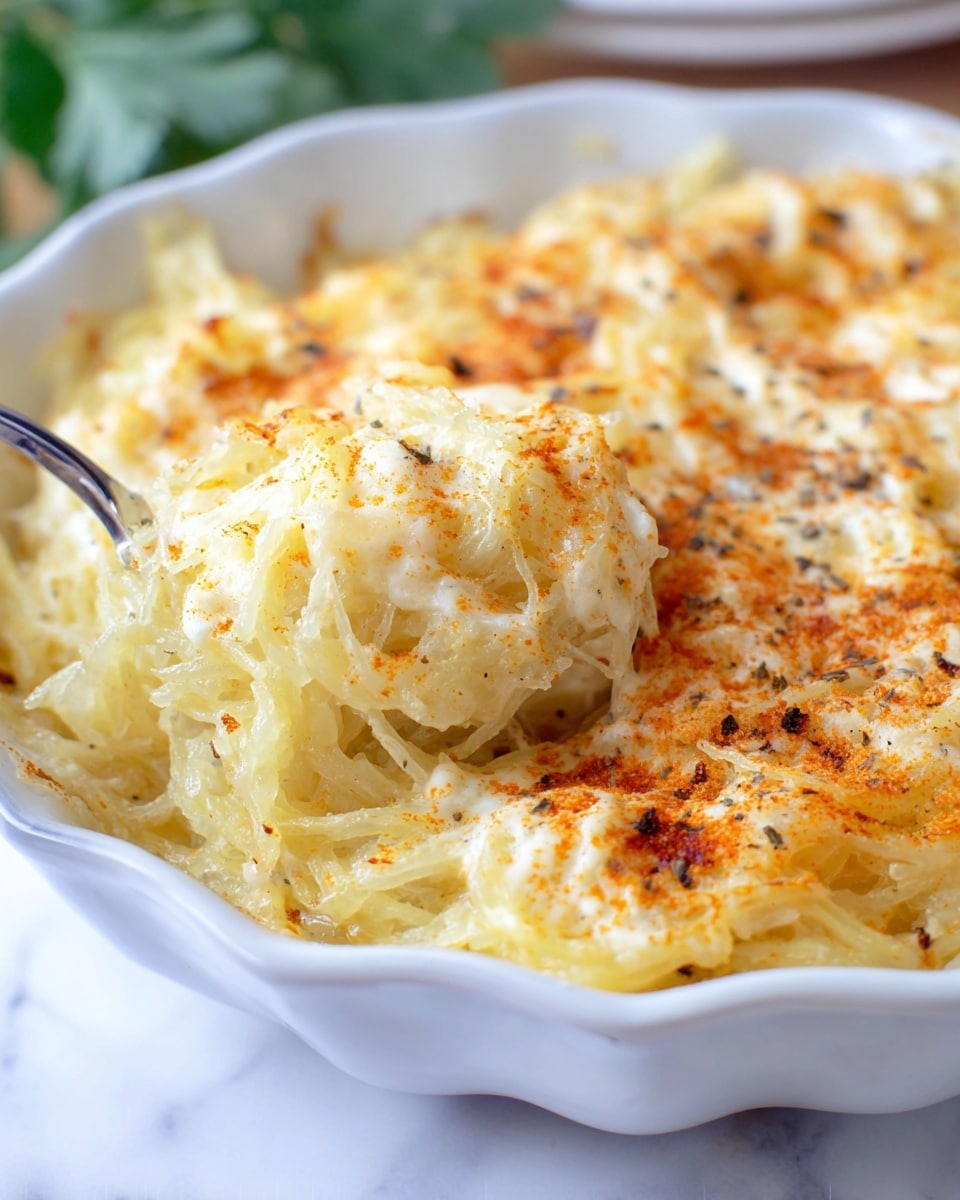 A close-up of a creamy baked dish in a white scalloped bowl, showing a single thick layer of shredded pale yellow pasta or spaghetti squash mixed with melted white cheese, topped with a light sprinkling of reddish-orange seasoning and black pepper. A silver serving spoon lifts a portion, revealing the soft and gooey texture beneath. The background is a white marbled texture with a blurred green leafy garnish. Photo taken with an iphone --ar 4:5 --v 7