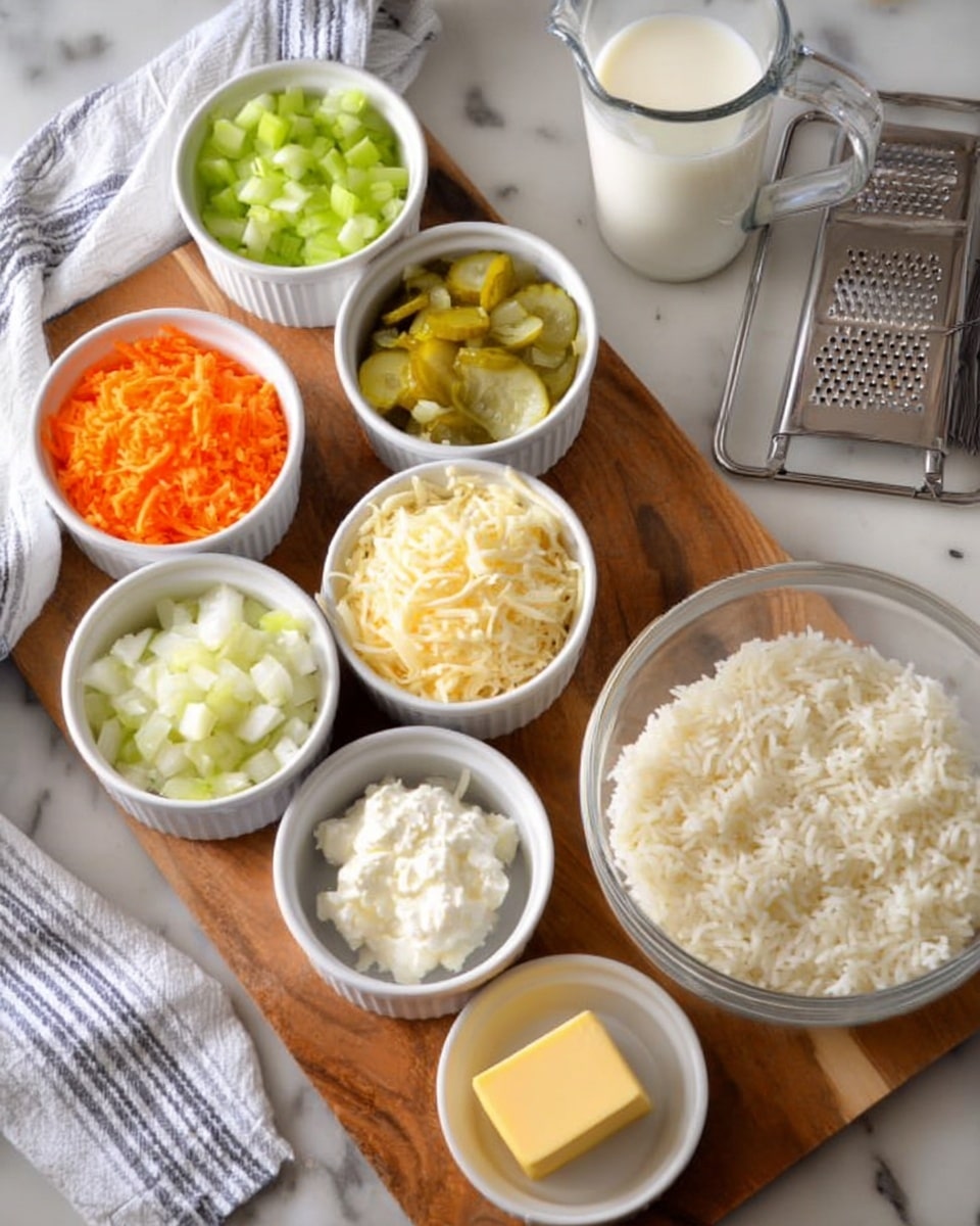 The image shows various ingredients set out for cooking, each in a small white bowl or ramekin arranged on a wooden board atop a white marbled surface. There are seven bowls in total, holding different colorful ingredients: one with chopped celery, one with shredded bright orange carrots, one with shredded pale yellow potatoes, one with diced white onions, one with chopped pickles, one with white sour cream, and one small dish with a square piece of yellow butter. To the right, there is a large clear glass bowl filled with cooked white rice and a clear measuring cup with milk. Behind these is a metal grater. A white and gray striped cloth is partially visible under the board. The whole setup is neat and well-lit, showcasing fresh cooking elements. photo taken with an iphone --ar 4:5 --v 7