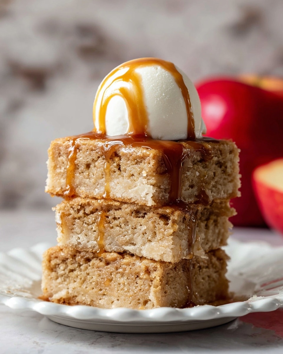 A stack of three thick, soft beige cake squares with visible crumb texture sits on a white scalloped plate. Warm caramel sauce drips down the sides of the cake, adding a glossy amber touch. On top, there is a smooth, round scoop of white vanilla ice cream. The background shows a blurred red apple, and the surface has a white marbled texture. photo taken with an iphone --ar 4:5 --v 7