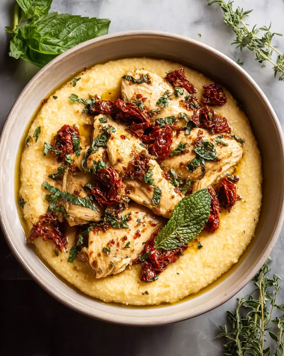A white bowl filled with a creamy yellow polenta base, smooth and thick, covering the entire bottom layer. On top, there are several pieces of golden brown cooked chicken breast, slightly glossy from a sauce. Scattered over the chicken are deep red chunks of sun-dried tomatoes and fresh green herbs like basil or mint, adding contrast and texture. The dish is finished with a light drizzle of olive oil that shines on the surface. The background is a white marbled texture with a few sprigs of fresh herbs nearby. Photo taken with an iphone --ar 4:5 --v 7
