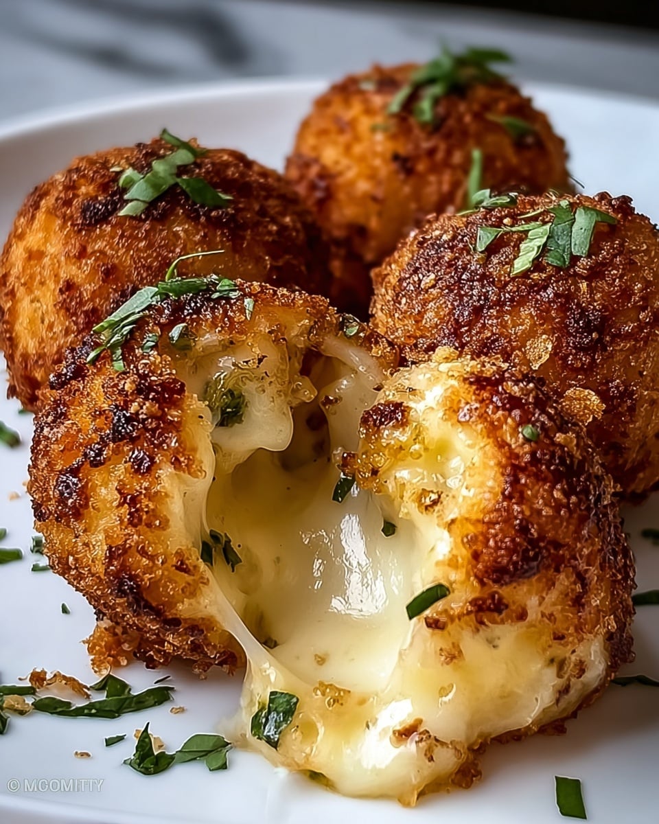 The image shows four round, golden-brown fried balls with a crunchy, textured outer layer that is speckled with darker bits of crisp. One ball is broken open, revealing a gooey, stretchy melted cheese layer inside mixed with bits of a green ingredient. The fried balls are arranged on a white plate, scattered with small green herb leaves on top and around. The surface beneath the plate is a white marbled texture. The lighting highlights the crispiness and melty interior of the balls, making them look warm and inviting. Photo taken with an iphone --ar 4:5 --v 7