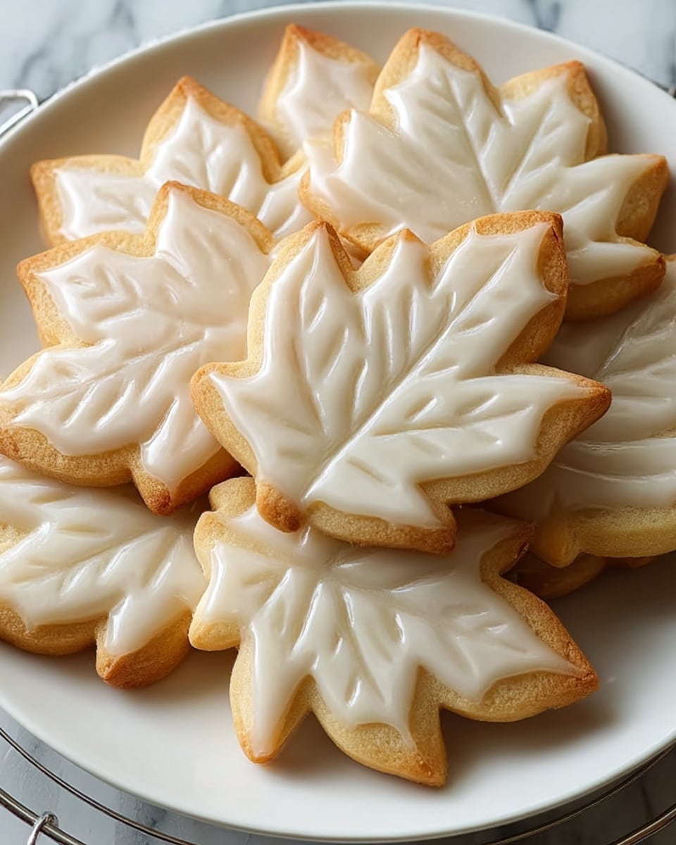 A white plate full of leaf-shaped cookies stacked in a pile with soft edges and light golden-brown tips. Each cookie has a smooth, glossy white icing layer on top that follows the contours of the leaf shape, showing detailed veins as slightly raised lines. The base cookie is pale beige with a slightly rough texture visible around the edges where the icing does not cover. The plate sits on a cooling rack with a white marbled texture visible below and around it. photo taken with an iphone --ar 4:5 --v 7