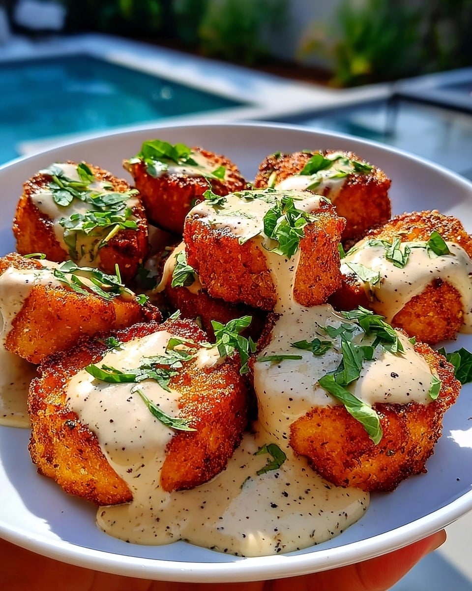 A white plate filled with several thick, round pieces of golden-brown fried food, each piece having a crispy outer layer with a rough texture. A creamy light beige sauce with visible black pepper specks is poured over the top of each piece, dripping slightly down the sides. Fresh green herb leaves are scattered on top and around the food, adding a touch of color contrast. The plate is held by a woman's hand, with a blurred outdoor background and a pool visible behind. The surface beneath has a white marbled texture. photo taken with an iphone --ar 4:5 --v 7